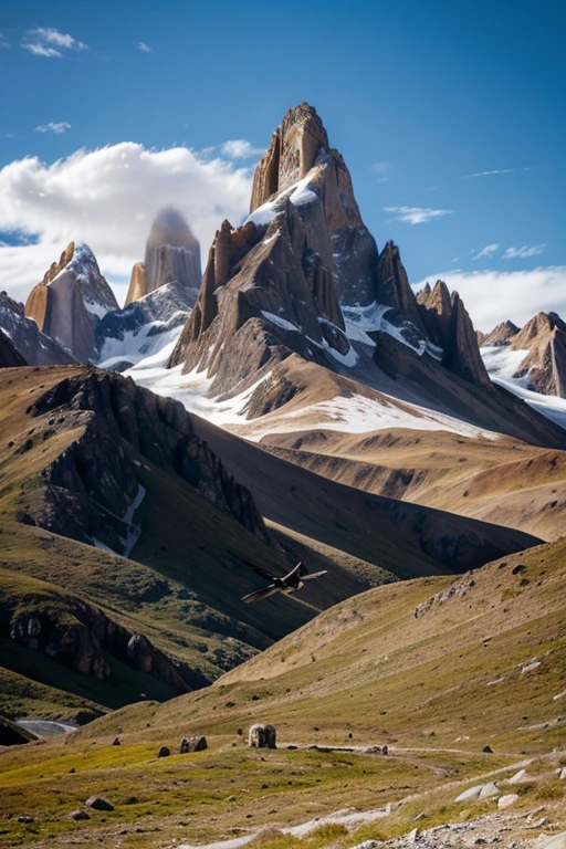 Andean condor flying in the Fitz Roy mountains Patagonia Argentina