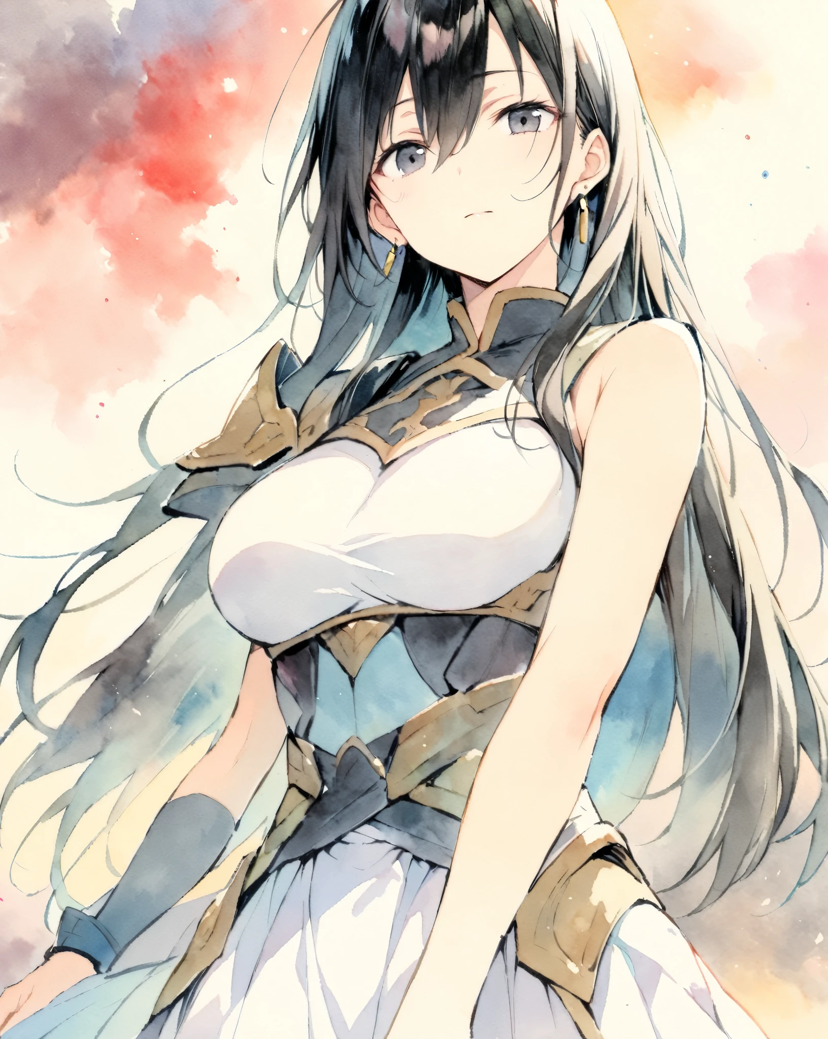 masterpiece, best quality, watercolor (medium), 1 girl, breast, alone, semi long hair, split, Red and black hair, black eyes, earrings, Bangs, jewelry, skirt, bare shoulders, sleeveless, hair between eyes, 单pauldron, looking at the audience, large breast, armor, shoulder armor, sleeveless skirt, Upper body, single sleeve, white skirt, pauldron,