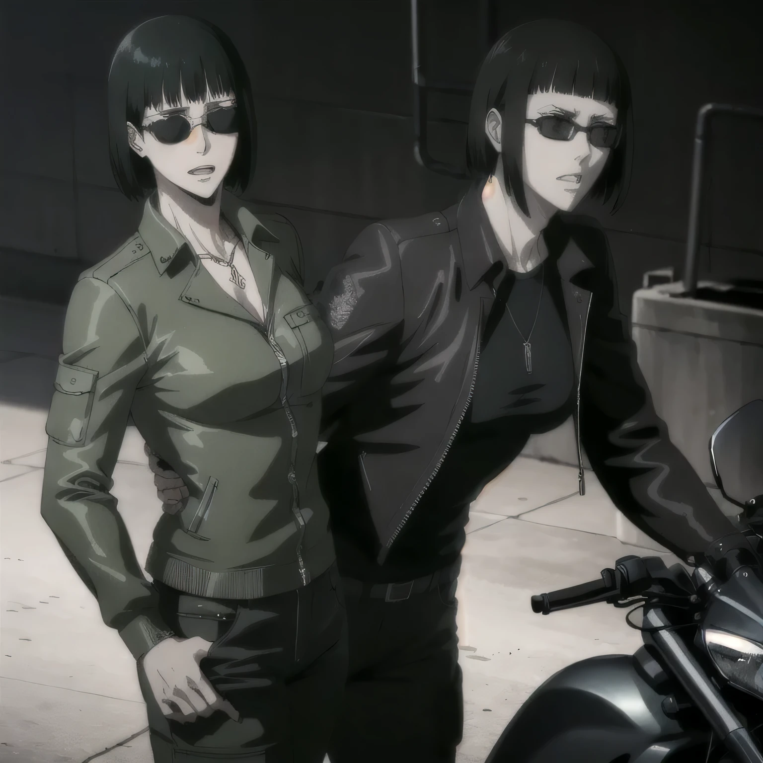 (best quality,ultra-detailed,realistic:1.37), , badass girl Sunglasses wearing Undershirt with Leather jacket with zipper closed and combat trousers with long shoes, full review of the female character's face and body, intense expression, strong and confident posture, studio lighting, vivid colors, physiologically-based rendering, grungy texture, rugged background, dust particles in the air, commanding presence, professional, powerful, gritty aesthetics,,Valmet،short hair,necklace,with her Motorcycle