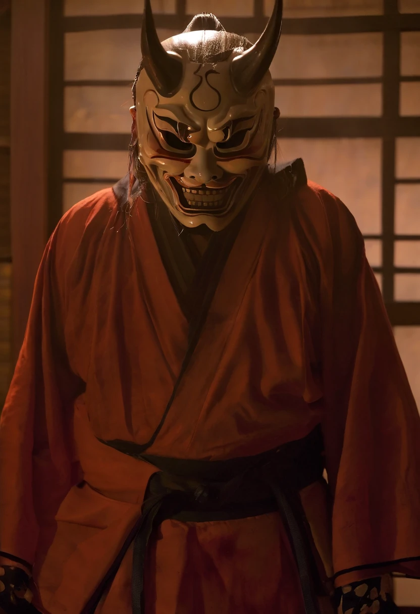 Character in costume wearing a mask, Japanese god, Japanese horror, footage from Japanese horror films, inspired by Kano Naisen, Japanese visual effects, Japanese mascot, samurai with a demon mask, Momoshiki Otsutsuki, demon samurai mask, inspired by Gyoshū Hayami, scary mode, mask Oni, fog, scary places, strange characters