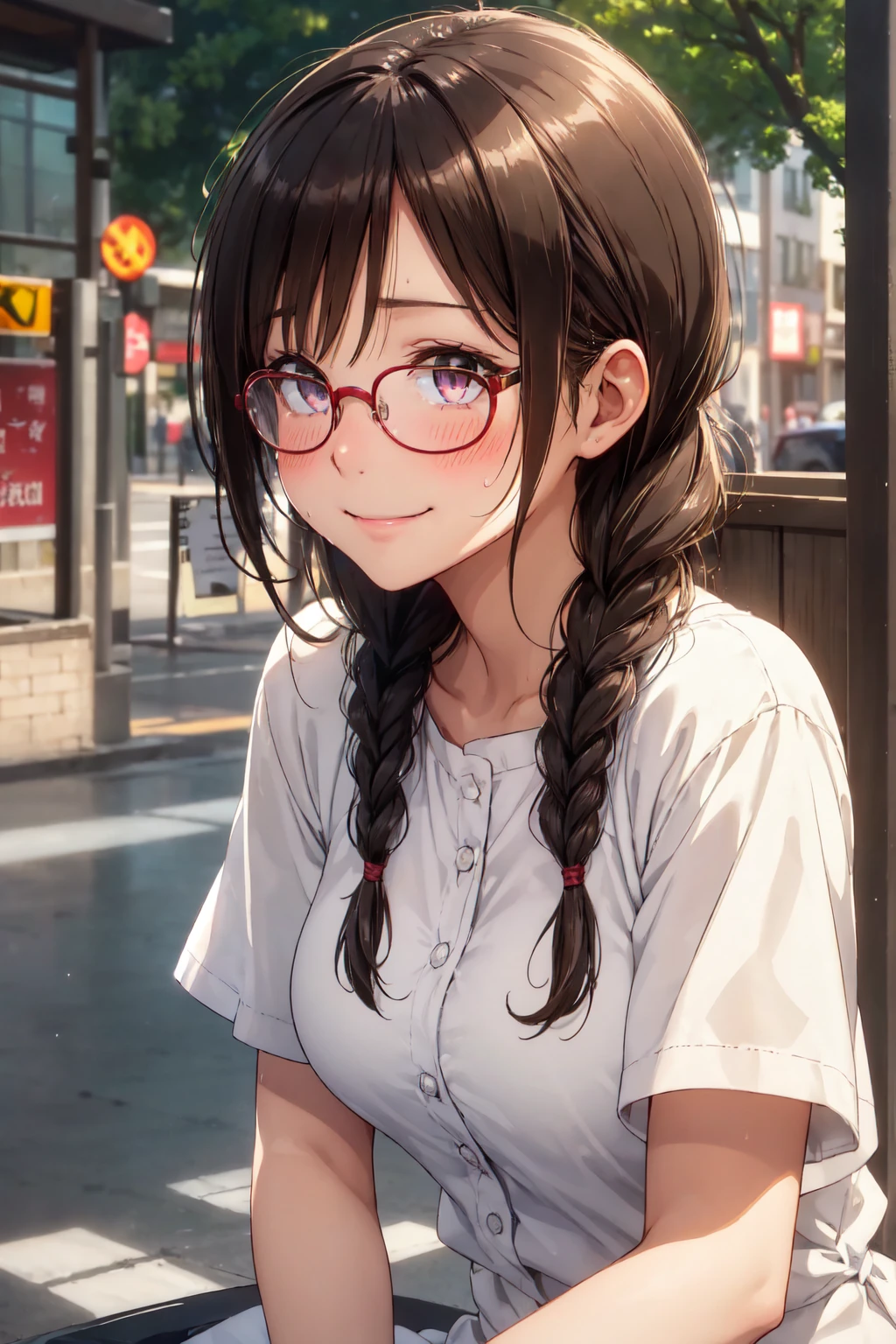 (high quality, High resolution, small details), sidewalk, side view, alone, girl, braid hair, , sparkling eyes, (large round frame glasses), (fine eyes), big breasts, ((gentle smile)), blush, Sweat, oily skin, (Focus plane), shallow depth of field,Disciplined smile,face with shadow