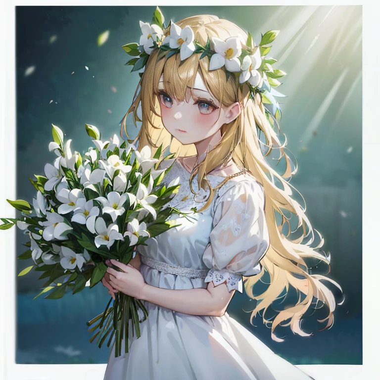 anime girl with flowers in her hair holding a bouquet of flowers,  in dress, render of april, guweiz on pixiv artstation, beautiful maiden, guweiz on artstation pixiv, marin kitagawa fanart, beautiful anime portrait, with flowers, she has a crown of flowers, cute anime waifu in a nice dress, official art, flower queen