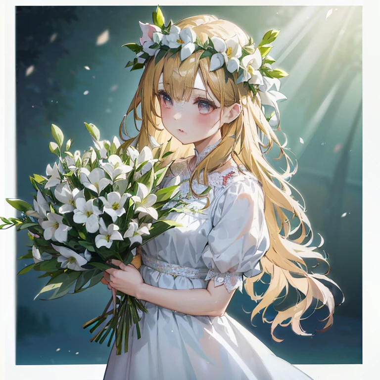 anime girl with flowers in her hair holding a bouquet of flowers,  in dress, render of april, guweiz on pixiv artstation, beautiful maiden, guweiz on artstation pixiv, marin kitagawa fanart, beautiful anime portrait, with flowers, she has a crown of flowers, cute anime waifu in a nice dress, official art, flower queen