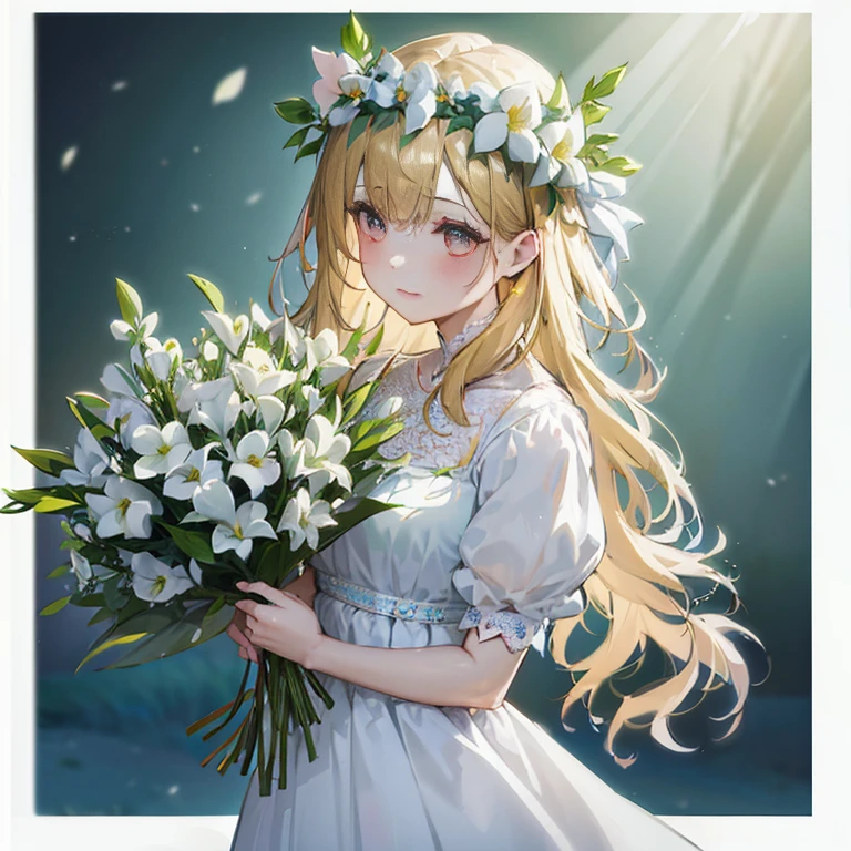 anime girl with flowers in her hair holding a bouquet of flowers,  in dress, render of april, guweiz on pixiv artstation, beautiful maiden, guweiz on artstation pixiv, marin kitagawa fanart, beautiful anime portrait, with flowers, she has a crown of flowers, cute anime waifu in a nice dress, official art, flower queen