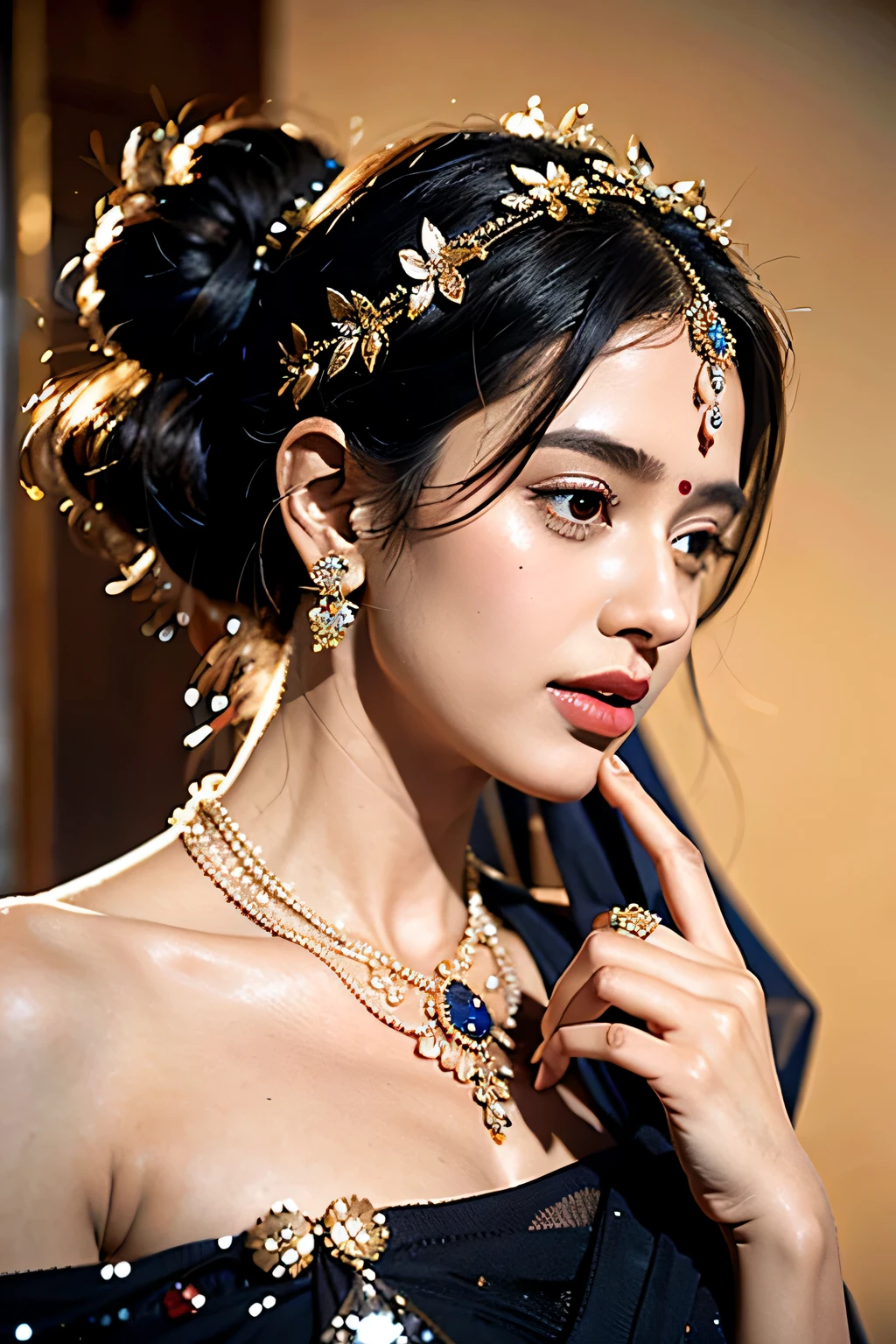 arafed woman in a sari with a necklace and a necklace, intricate set, adorned with precious stones, wearing intricate, intricate jewellery, with intricate details, intricate outfit, wearing elegant jewellery, intricate details. front on, black jewellery, detailed jewellery, high intricate details, photo of a hand jewellery model, close portrait, intricate beauty, intricate jewelry, side view intricate details