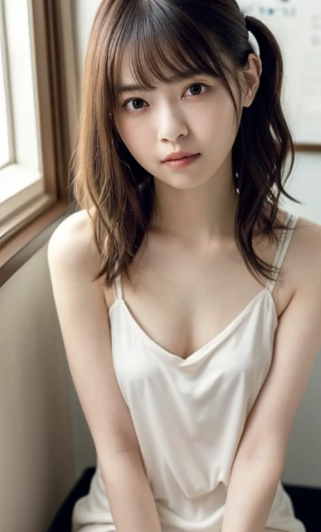 masterpiece、highest quality、16K、soft light、professional lighting、Pale shading、Weak contrast、Japanese、beautiful girl、daytime office、Window seat、sitting in front of the computer、A tight white slip dress that clings to the breasts、The skin is visible through the fabric、(smooth and beautiful thighs:1.6）、(small breast:1.0)、Faint cleavage、fine and beautiful eyes、（cute hanging eyes）、（thin eyebrows）、（thin lips）、gentle smile、(long wavy hair、high ponytail),(The bangs are see-through bangs)、