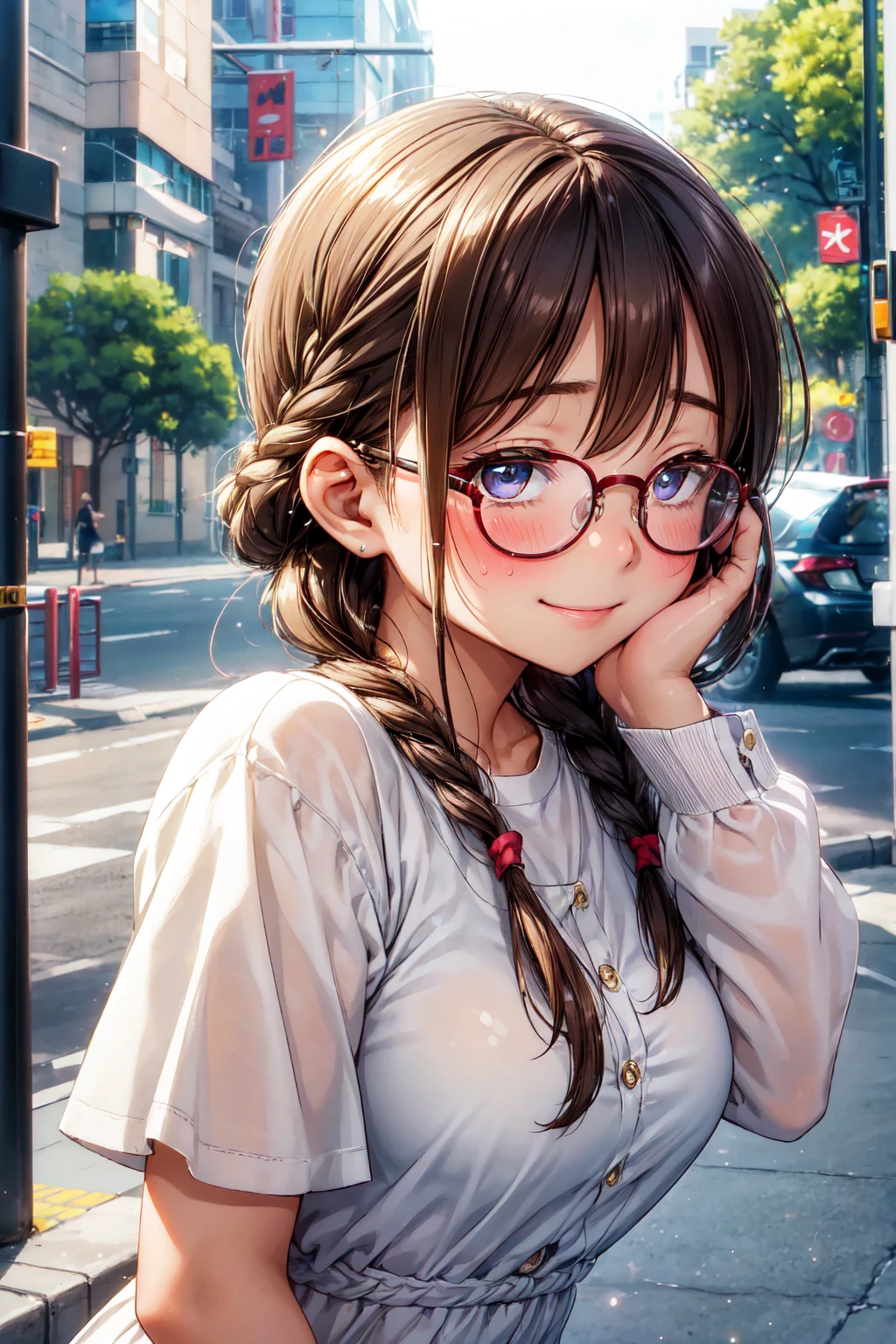 (high quality, High resolution, small details), sidewalk, side view, alone, girl, braid hair, , sparkling eyes, (large round frame glasses), (fine eyes), big breasts, ((gentle smile)), blush, Sweat, oily skin, (Focus plane), shallow depth of field