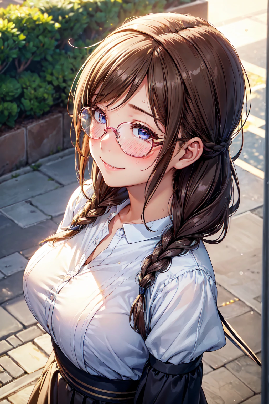 (high quality, High resolution, small details), sidewalk, side view, alone, girl, braid hair, , sparkling eyes, (large round frame glasses), (fine eyes), big breasts, ((gentle smile)), blush, Sweat, oily skin, (Focus plane), shallow depth of field