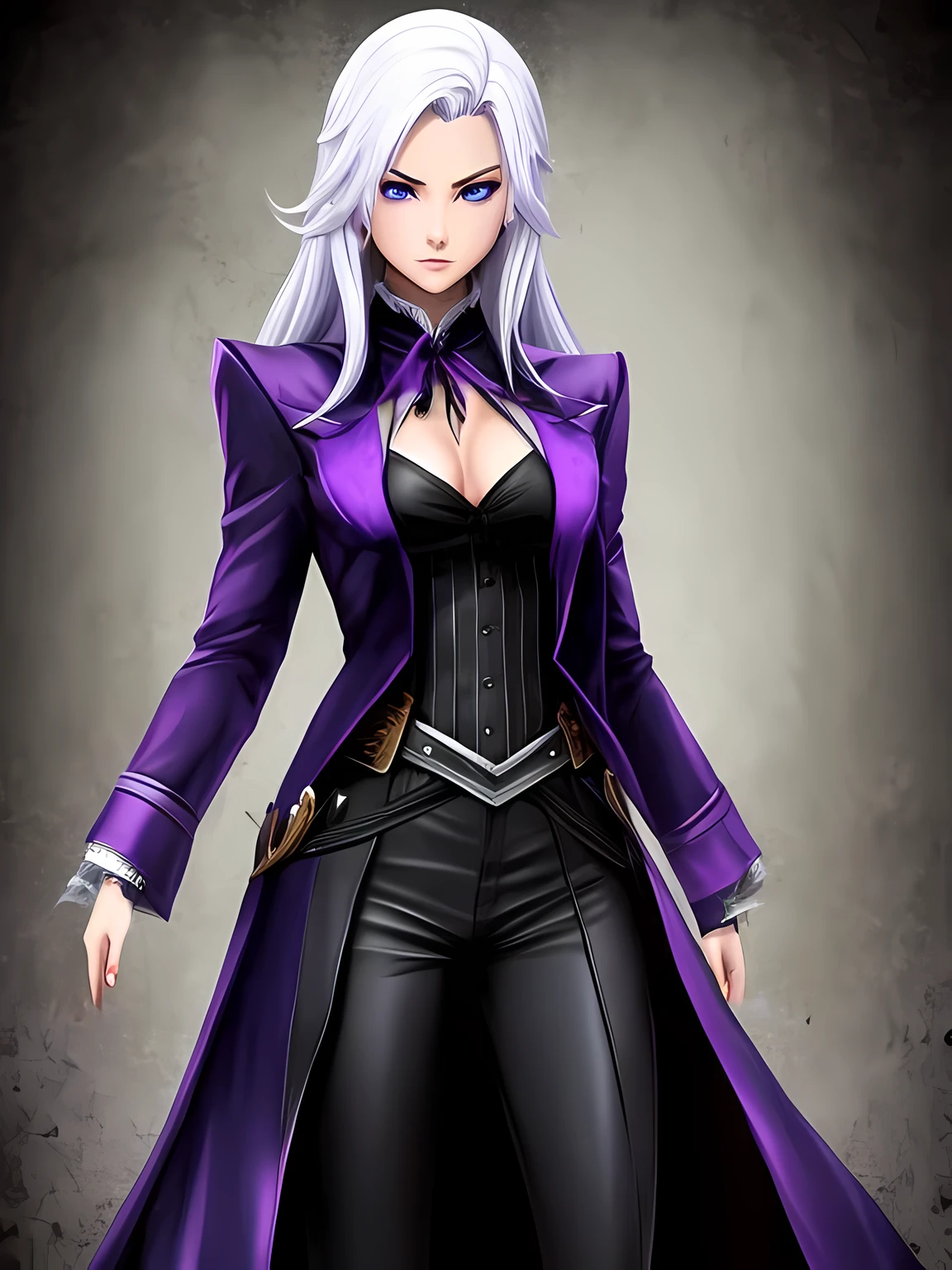 Girl, vampire, very tall. White hair and purple eyes. Black hands with long nails. Duke's suit, padded cloak