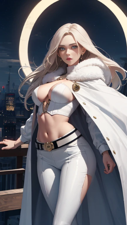 (high quality, masterpiece, be familiar with), night city be familiar with scenario, night city be familiar with background, alone, Emma_and_XL, 1 female, White Opera Globe, White leather bodice, abdomen, white cloak, belt, white leather pants, beautiful eyes, look at the audience, sexy pose