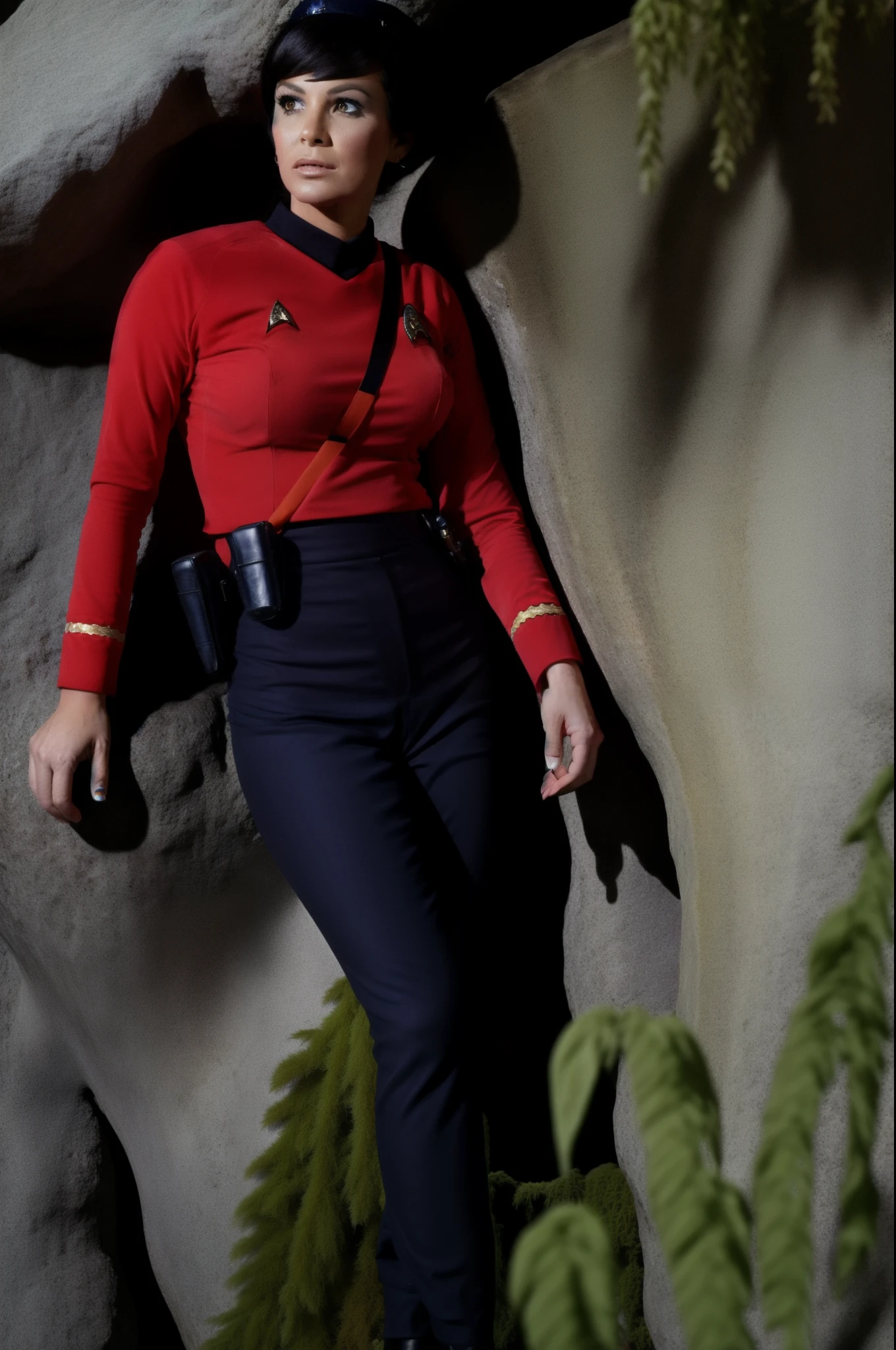 female officer wearing red and black tosunfm uniform, stranded on an alien rock with dead plant life