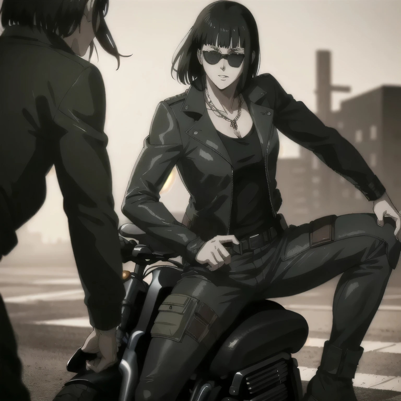 (best quality,ultra-detailed,realistic:1.37), , badass girl Sunglasses wearing Undershirt with Leather jacket with zipper closed and combat trousers with long shoes, full review of the female character's face and body, intense expression, strong and confident posture, studio lighting, vivid colors, physiologically-based rendering, grungy texture, rugged background, dust particles in the air, commanding presence, professional, powerful, gritty aesthetics,,Valmet،short hair,necklace,riding Motorcycle