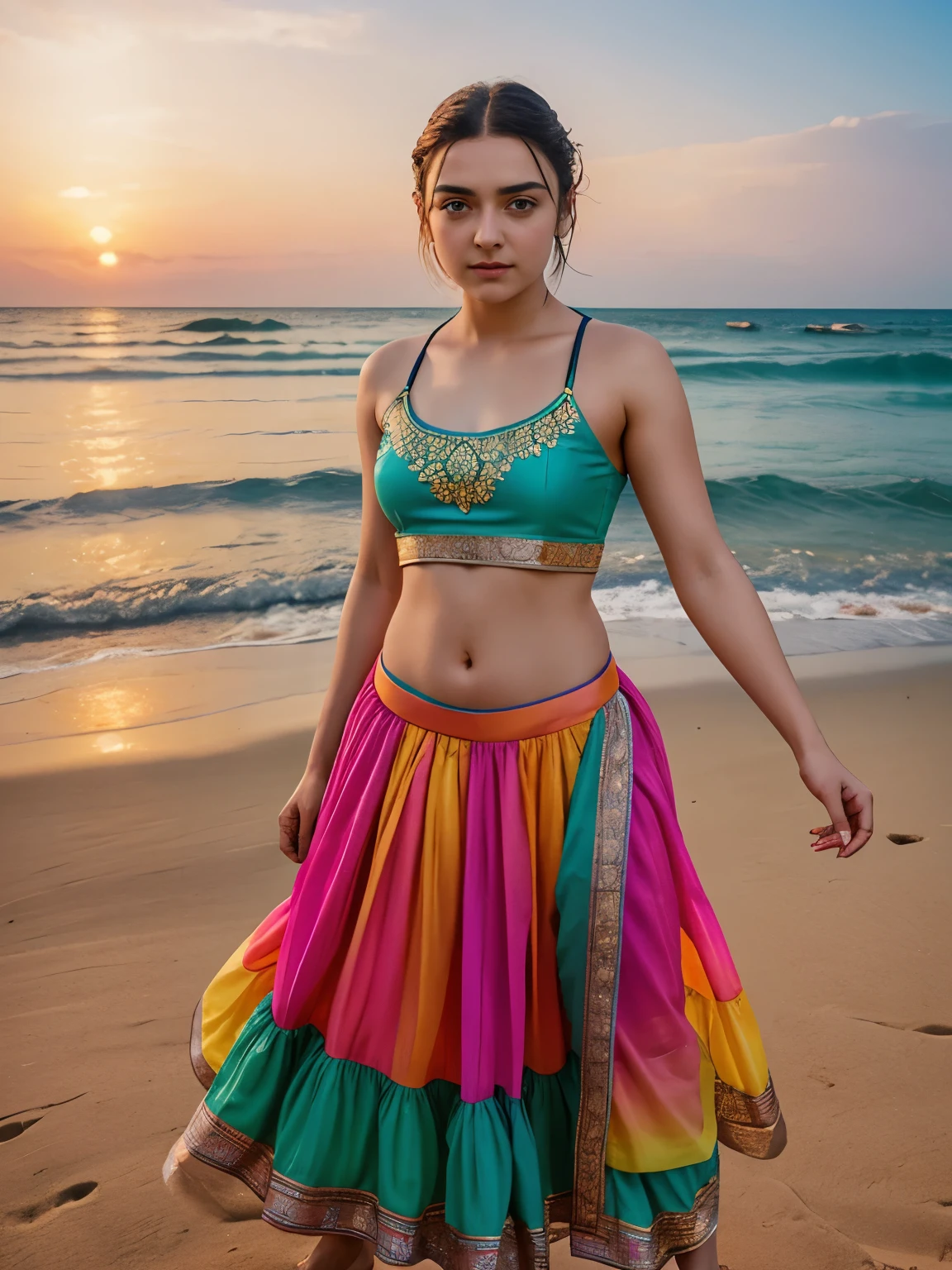 Arya Stark (highly detailed face), eyes symmetry, face symmetry, in the beach, smirking, playful teasing sassy poses for adults only magazine, (wearing vibrant color trendy designer choli long skirt), round deep navel, evening sky, wave tides, HDR, hyper realistic