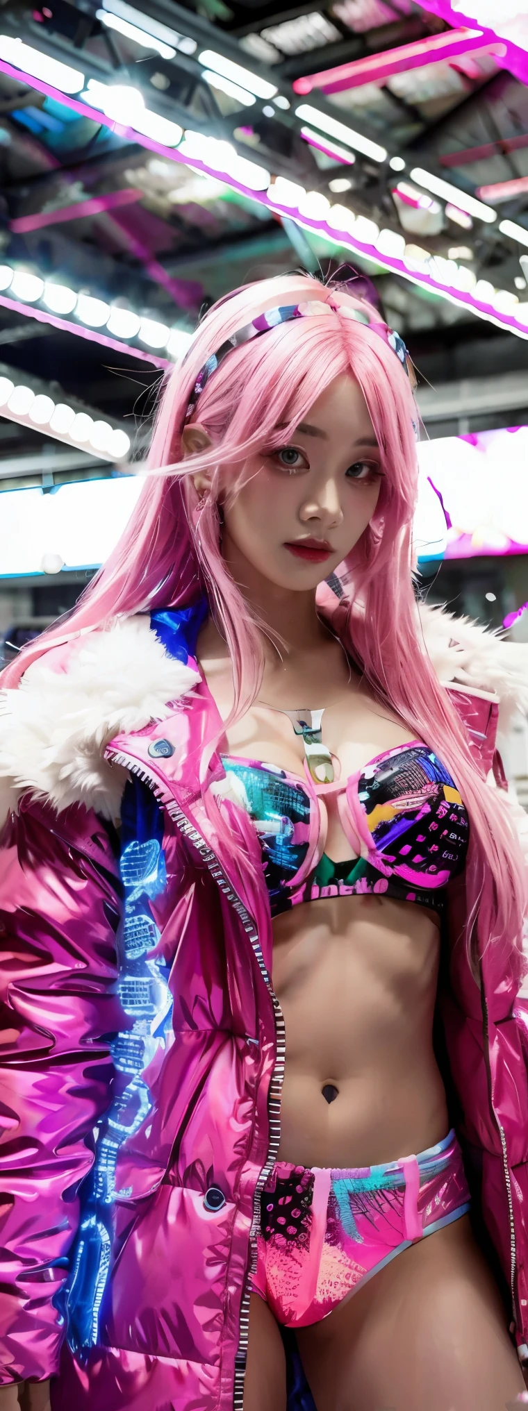 Photo of unaware female wearing sexy rave party outfit, feathered jacket, pink hair, wide eye, lights, indoor, high saturation, soft focus, hyper details, cinematic lighting, concept art