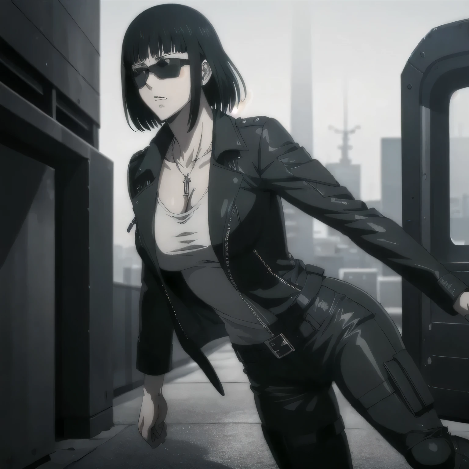 (best quality,ultra-detailed,realistic:1.37), , badass girl Sunglasses wearing Undershirt with Leather jacket with zipper closed and combat trousers with long shoes, full review of the female character's face and body, intense expression, strong and confident posture, studio lighting, vivid colors, physiologically-based rendering, grungy texture, rugged background, dust particles in the air, commanding presence, professional, powerful, gritty aesthetics,,Valmet،short hair,necklace,deep kiss
