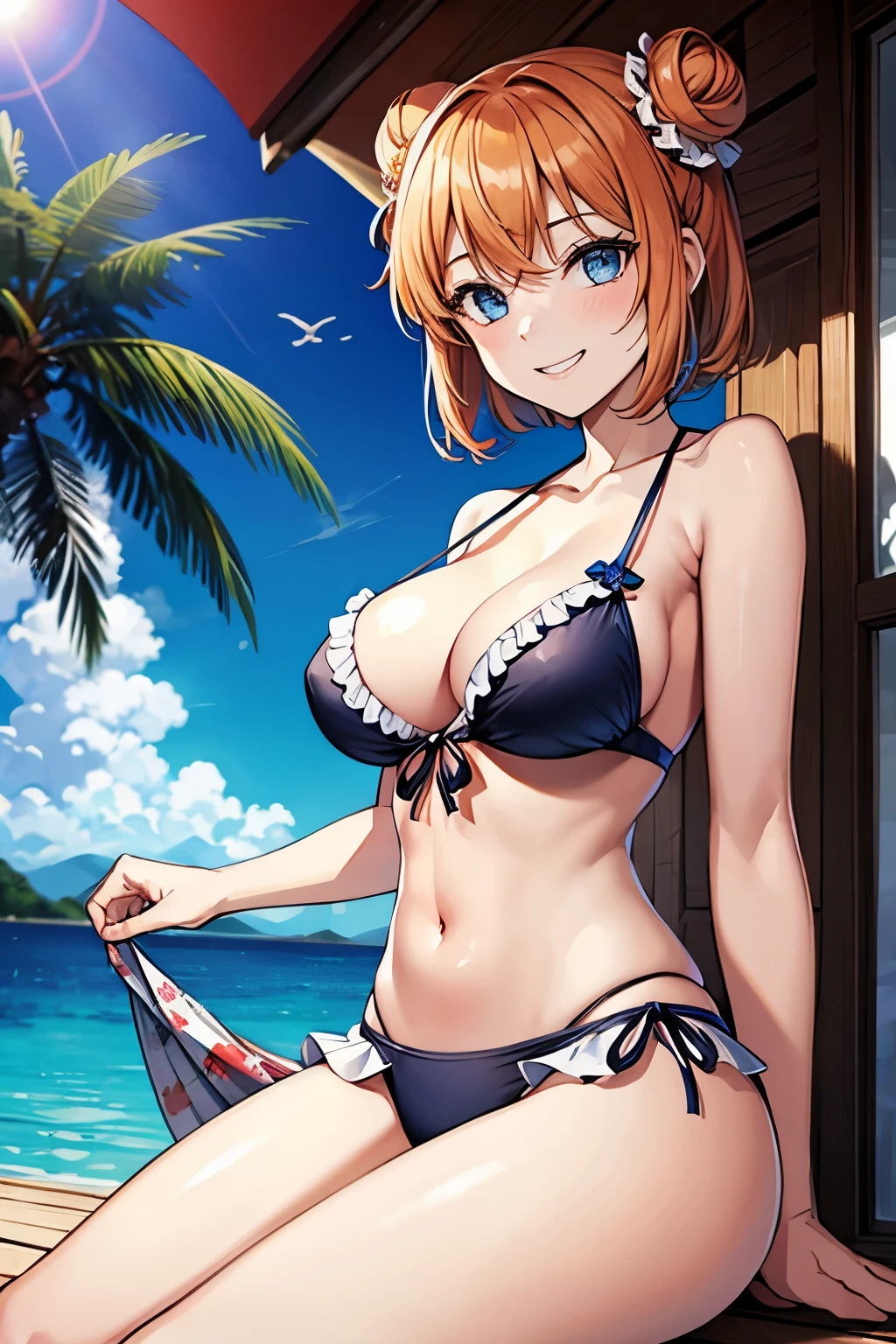 (masterpiece), best quality, expressive eyes, perfect face, 1girl, solo, tomboy, mature female, big breasts, short hair, Cleavage, orange hair BREAK hair buns, double buns, blue eyes BREAK cute smile, grin, standing, resort, palmtree, daytime, blue sky, frilled bikini, yellow bikini BREAK looking at viewer, underwater, pool