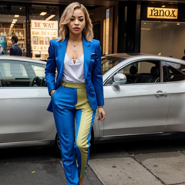 Rita Ora dressed in a blazer and colorful dress pants