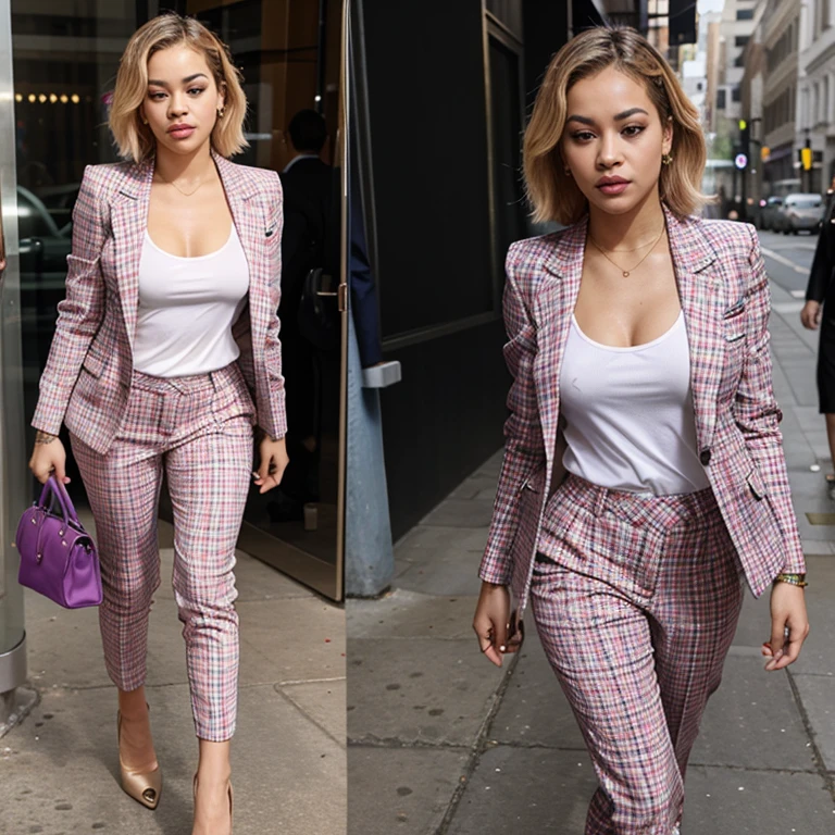 Rita Ora dressed in a blazer and colorful dress pants