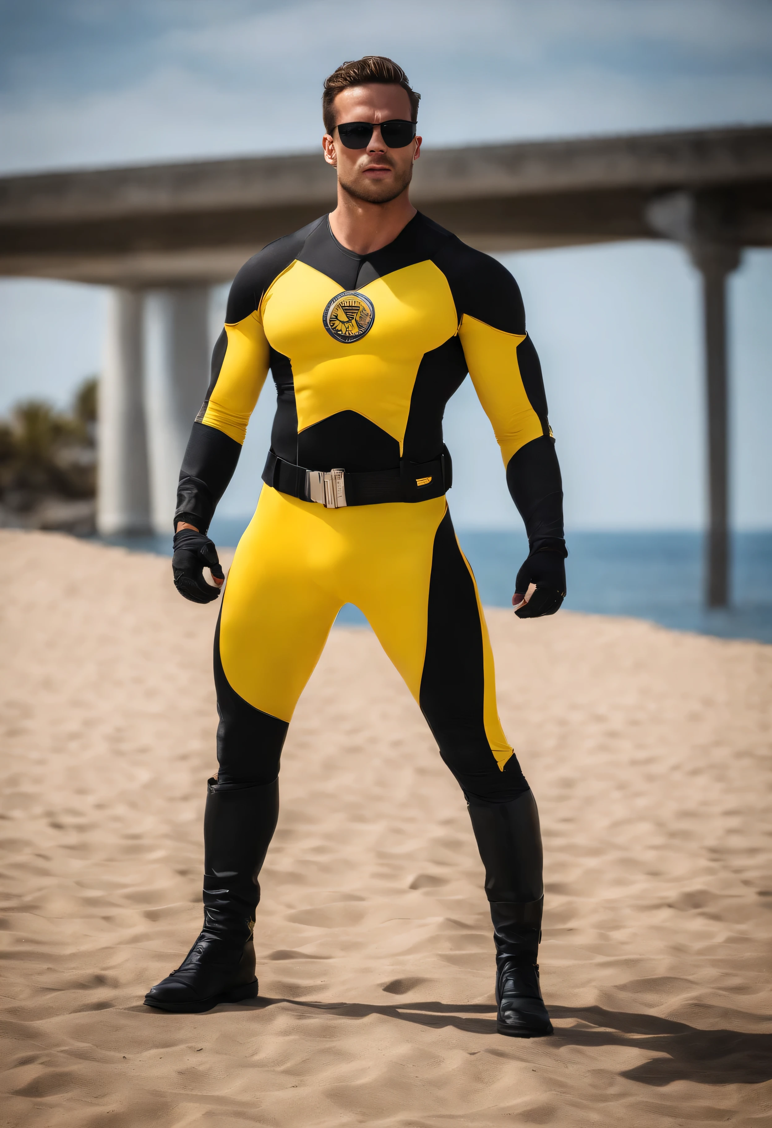 Arad man in yellow and black clothes stands on the sunny coast, Amerikanischer Rundkopf, Buzz Schnitt, big and strong, muscular male hero, heroic male pose, muscular! Wears black sunglasses, Enger, hochelastischer Spandex-Body, super cool und cool, High Resolution Committee, Charakterdesign-Polizei, schwarze Armeestiefel, charismatic strong male with Enger, hochelastischer Spandex-Body