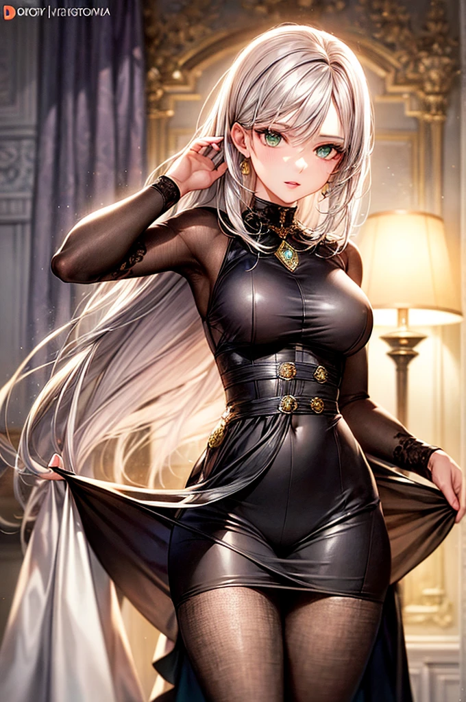 masterpiece, best quality, absurdres, perfect anatomy, 1girl, solo, long silver deep gray hair, cropped jacket, belt, cowboy shot, standing, smile, (arm behind back:1.5),(leaning forward:1.25),(perfect eyes:1.5), heterochromia,red eyes, gray eyes, leather, diamond lace, black punk,pale skin
Hime hair