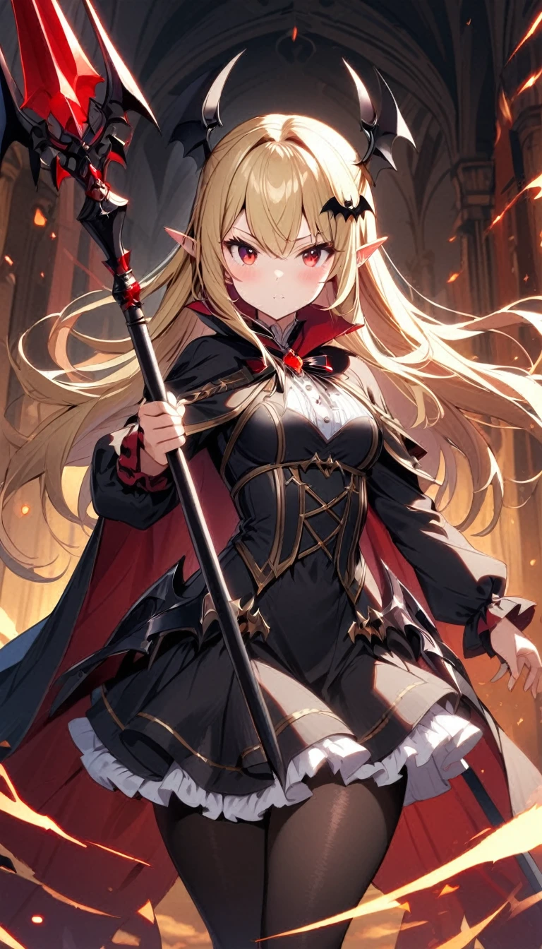 1girl, solo, blonde-hair, red-eyes, pointy-ears, looking-at-viewer, long-hair, pantyhose, vampire, holding, dress, black-pantyhose, hair-ornament, holding-weapon, weapon, black-dress, cape, bat-hair-ornament, standing, Spear, long-sleeves, blush, thick thighs, frills, holding-Spear, black-cape, closed-mouth, short-dress, floating-hair,