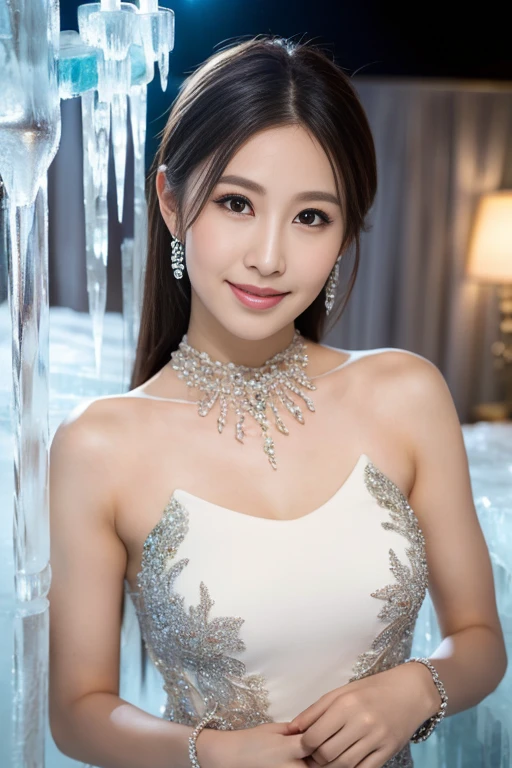 ((masterpiece:1.4, highest quality)), (realistic pictures:1.4), ((1 girl)), (超High resolution:1.2), very delicate and beautiful, wonderful, Highly detailed CG Unity 8K wallpaper, Super detailed, High resolution, soft light, beautiful detailed girl, highly detailed eyes and face, beautifully detailed nose, beautiful and detailed eyes, (Wearing dressed up clothes:1.4),cinematic lighting, perfect anatomy, slender body, thin chest,(Ice castle guest room, Ice Room, ice furniture:1.4), (ice World, ice clarity, The beauty of light refracting through ice:1.3),cowboy shot, looking at the viewer, smile

