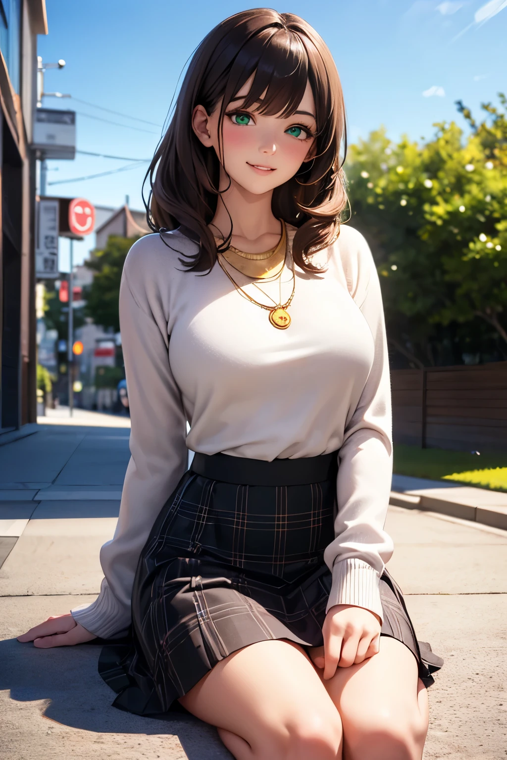 Long brown hair and bangs, green eyes（In a round shape、Have beautiful eyelashes）, Blushing detailed face, medium breastsでへき開、Or a busty body, open your mouth with a smile, beautiful face, realistic face, beautiful skin, realistic skin, beautiful art style, 超High resolution, High resolution, Raw photo, Dynamic angle pose,White sweater with long sleeves, black skirt, plaid skirt, 1 handbag, 1 Diamond Necklace,single, alone, 8K, 4K, Japanese, High-definition hair, beautiful hairstyle, realistic eyes, detailed and beautiful eyes, Charm, surreal, very detailed, golden ratio, , medium breasts, full body image, nude
