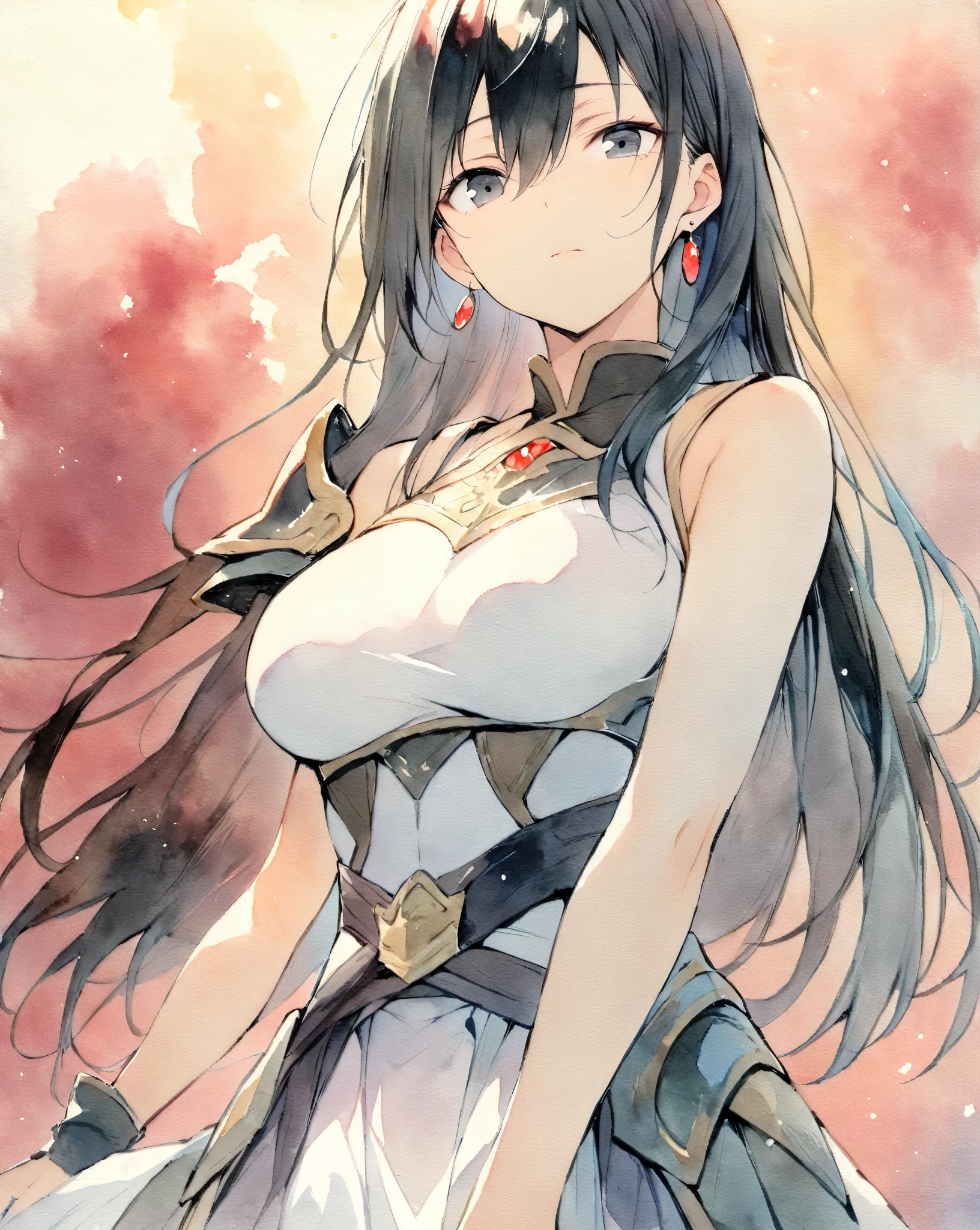 masterpiece, best quality, watercolor (medium), 1 girl, breast, alone, semi long hair, split, Red and black hair, black eyes, earrings, Bangs, jewelry, skirt, bare shoulders, sleeveless, hair between eyes, 单pauldron, looking at the audience, large breast, armor, shoulder armor, sleeveless skirt, Upper body, single sleeve, white skirt, pauldron, 