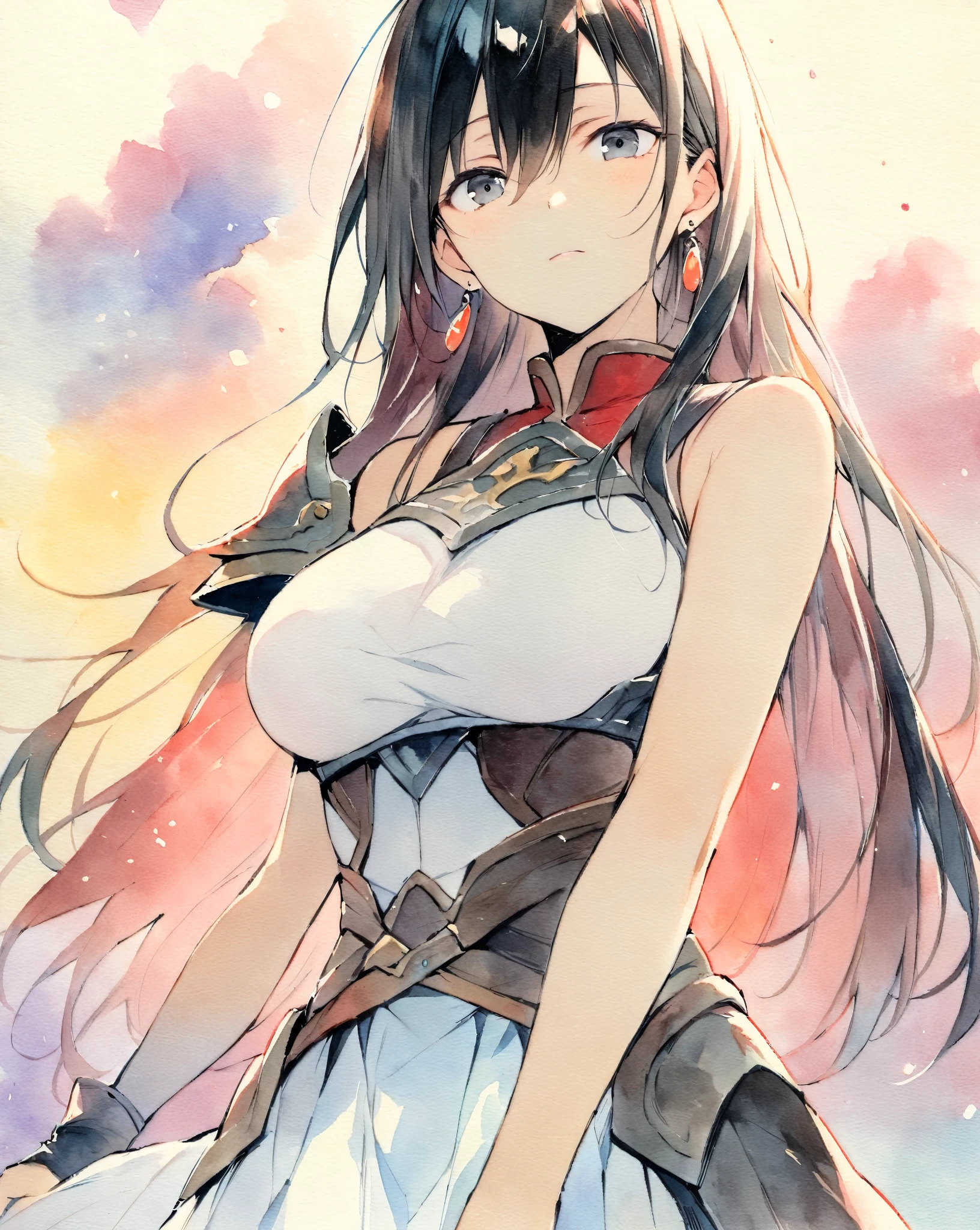 masterpiece, best quality, watercolor (medium), 1 girl, breast, alone, semi long hair, split, Red and black hair, black eyes, earrings, Bangs, jewelry, skirt, bare shoulders, sleeveless, hair between eyes, 单pauldron, looking at the audience, large breast, armor, shoulder armor, sleeveless skirt, Upper body, single sleeve, white skirt, pauldron, 