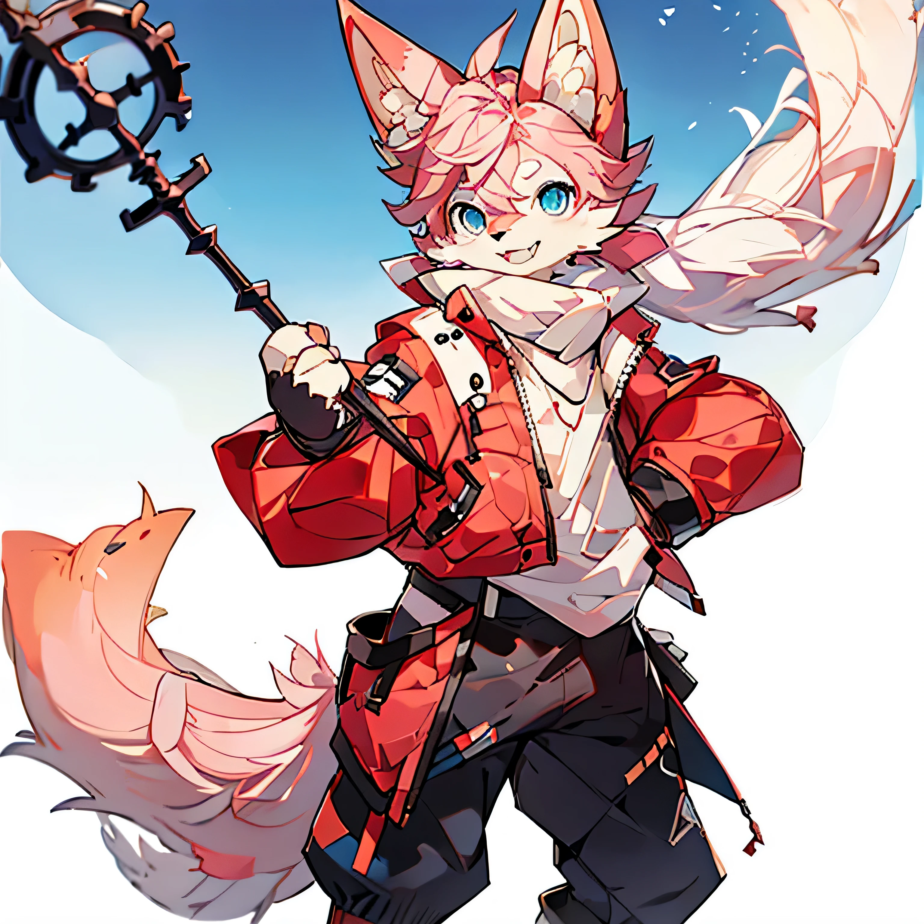Blue eyes, pink hair, short hair, long hair in the back, fearless smile, peering posture, red fur