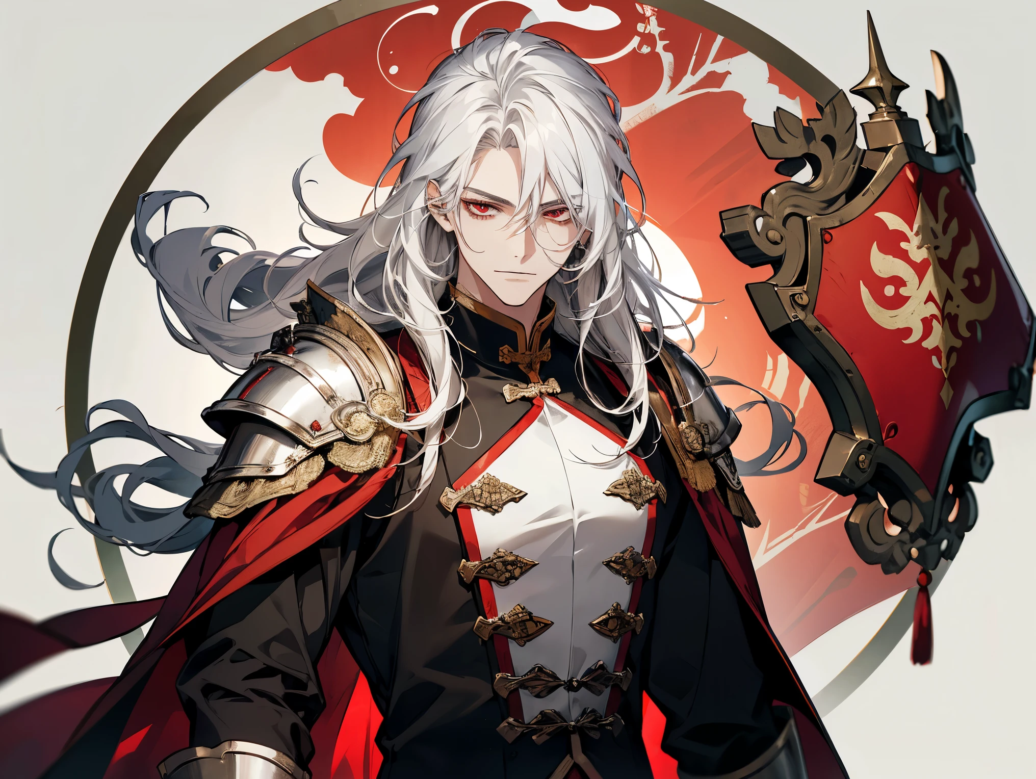 1 man, teacher, wearing white shirt, red adventure suit with some armor, black long pants, white hair, long hair, red eyes, not a serious face, face to detail, detailed eyes, the background is a forest in china, holding a shield