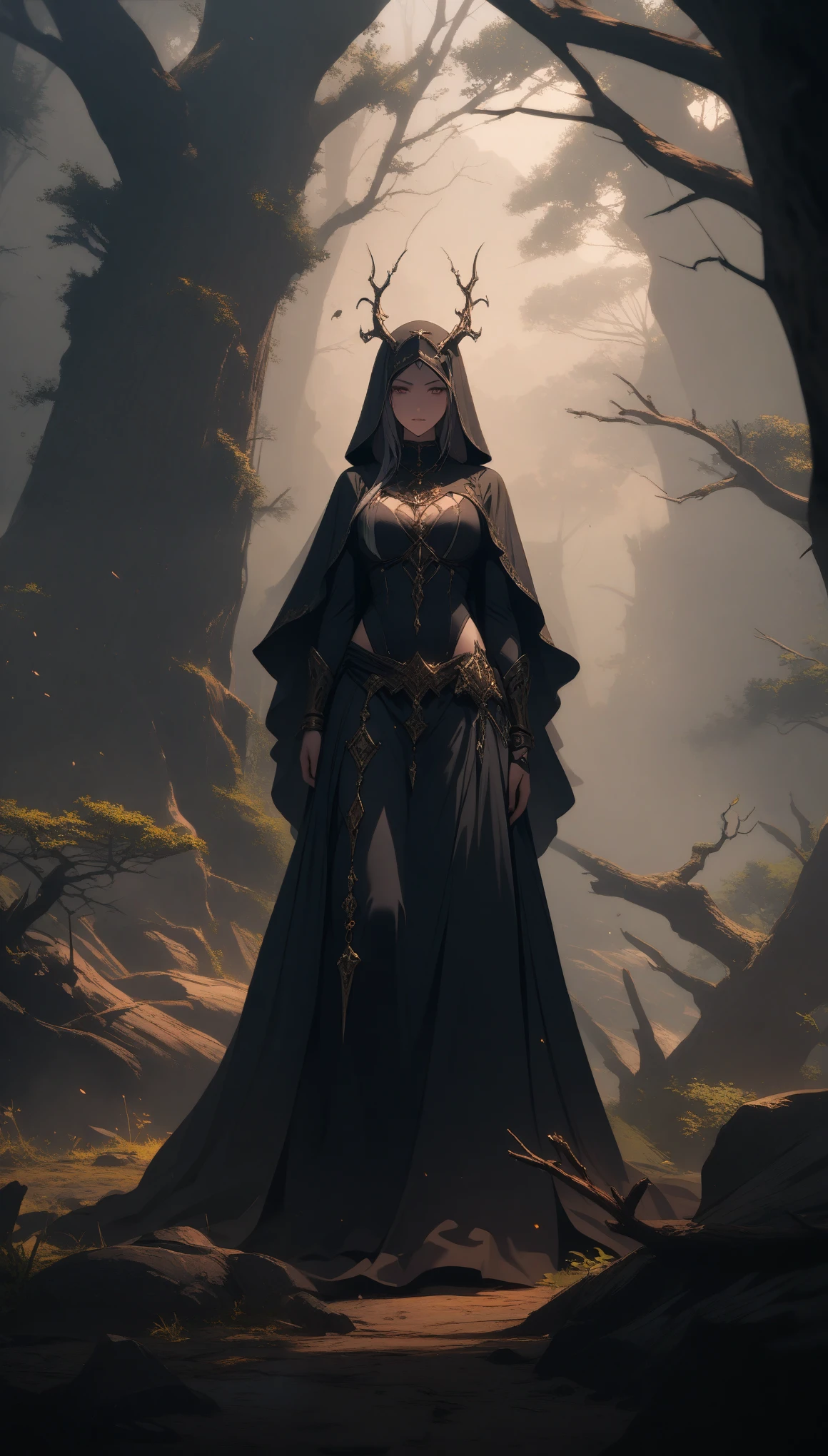 (best quality, masterpiece), dark fantasy world, nun of Fallen God, pray near broken statue of her God, (eerie mist shrouding the ancient trees ,twisted and gnarled branches), (hints of magical aura,evoking a sense of mystery), (sinister and otherworldly, supernatural presence, ethereal ambiance)