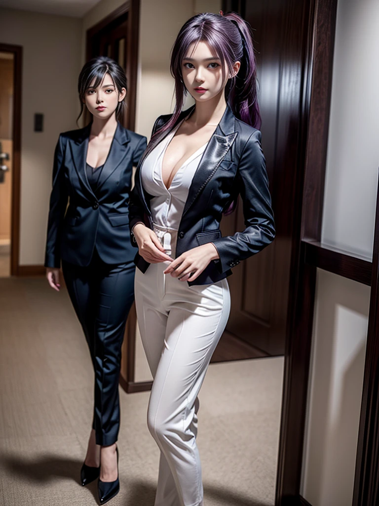 Beautiful woman, 25 years old, high ponytail, bright purple hair, perfect purple hair, Beautiful breasts, (Realistic skin),elegant upper class wearing a black pantsuit, black jacket, white shirt, cleavage visible, black pumps, and a business shirt. Elite secretary, working in the office, wearing a strict business suit, pantsuit style, wearing luxury high heels, girl wearing a shirt, wearing a business suit, wearing a business suit, black nail art, business Wearing a suit, Businessman, Business clothes, Wearing a black business suit, Wearing a white shirt and black jacket, Woman in a business suit, Business suit, Business attire, Raw photo, (8K, highest quality, Masterpiece: 1.2), (Complex Detail: 1.4), (Photoreal: 1.4), Octane Rendering, Complex 3D Rendering Super Detail, Studio Soft Light, Rim Light, Vibrant Detail, Super Detail, Realistic Skin texture, surface details, beautifully detailed eyes, highly detailed CG Unity 16k wallpaper, supplement, (detailed background:1.2),