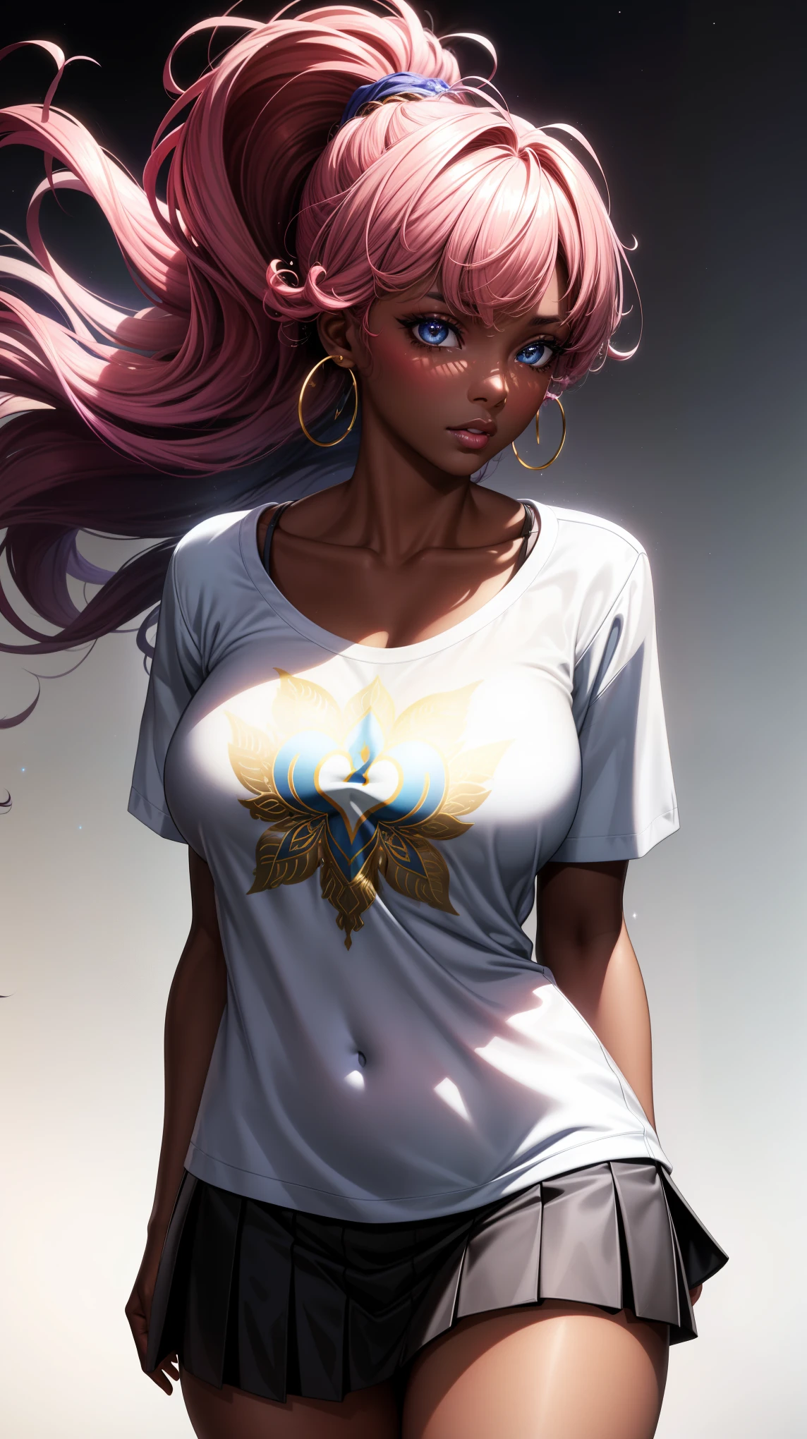 (best quality:1.5, highres, UHD, 4K, detailed lighting, shaders), curly floral haired, gradient hair, large breasts, suit, T-shirt, social shirt, short skirt, mature woman , (pov), white background, colorful eyeshadow, dramatic lighting, sparkling eyes, sensual expression, golden earrings, flowing hair, delicate facial features, dark skin, high cheekbones, urban setting, black background, dont look for the camera, lean forward,  behind  the camera