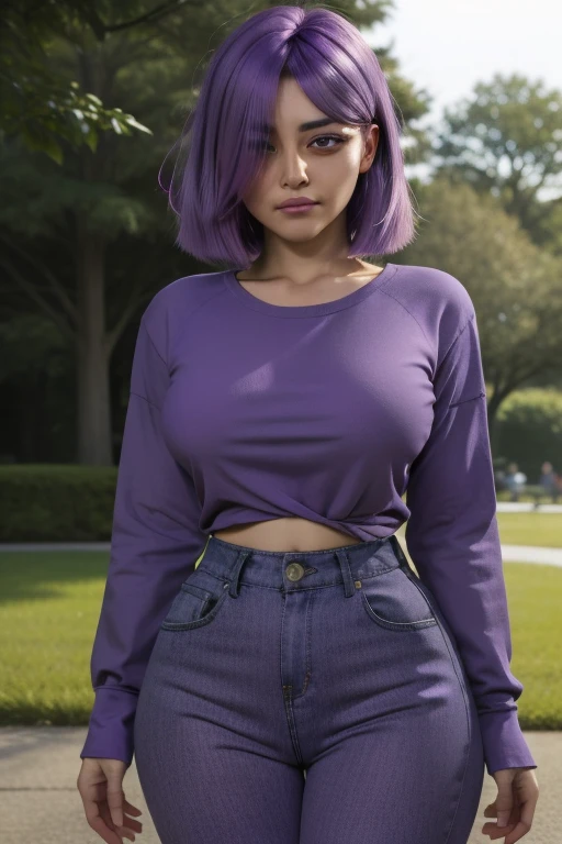 ((best quality)), ((highly detailed)), masterpiece, 1girl, looking aside, detailed eyes, black eyes, little angry, blush, teeth, light purple hair, blunt ends, blunt bangs, hair over one eye, purple eyeshadow, thick eyelashes, purple shirt, light purple pants, arms behind, gigantic breasts, wide hips, in park