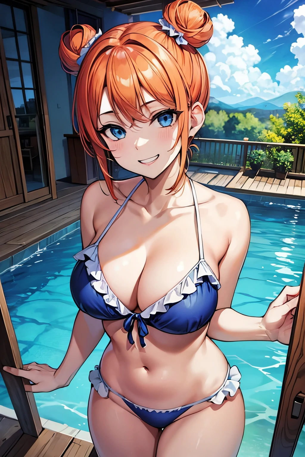 (masterpiece), best quality, expressive eyes, perfect face, 1girl, solo, tomboy, mature female, big breasts, short hair, Cleavage, orange hair BREAK hair buns, double buns, blue eyes BREAK cute smile, grin, standing, resort, , daytime, blue sky, frilled bikini, yellow bikini BREAK looking at viewer, underwater, pool