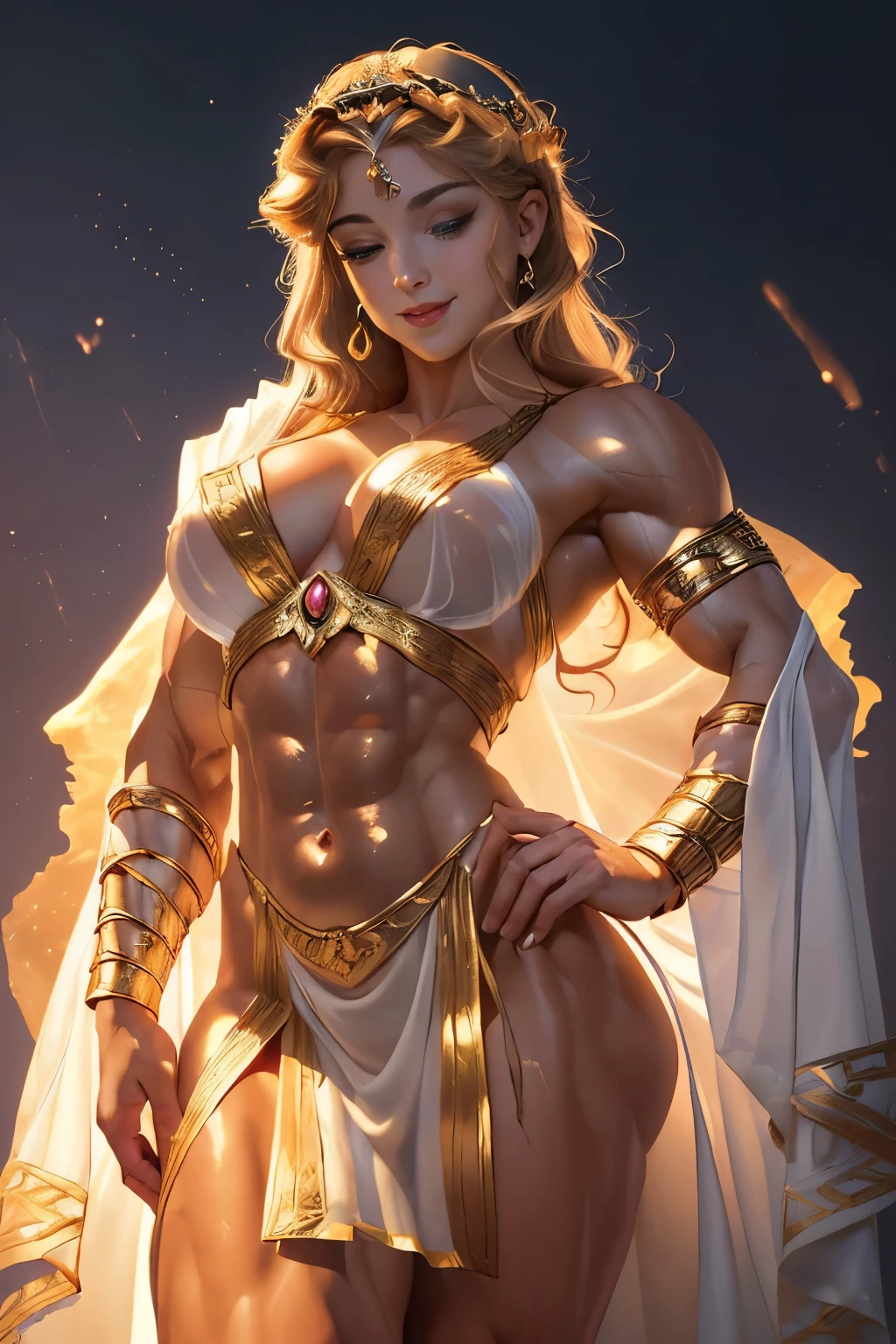 ((((Psyche, Princess of ancient kingdom, Greek Mythology)))), Ancient greek royal palace background, dark night, (((female bodybuilder wearing short translucent robe, nude))), cute girl, smile, (((very muscular body, veins))), upper-body portrait, upper-body image, real girl, (abnormally developed muscles), ((color Image)), Masterpiece, best quality, high resolution