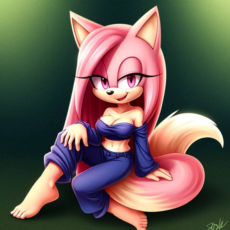 1girl, mobian fox, light pink eyes, light pink hair, extremely long straight hair, medium breasts, cleavage, happy, strapless crop top, pajama blue baggy pants, long sleeves, barefoot, japanese theme, portrait