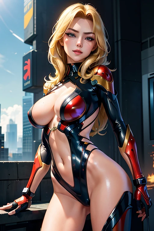 1girl, Alicia Viewstream, blonde hair, solo, big breasts, masterpiece, general, solo, official art, , looking at viewer, v-shaped eyebrows, evil smile, see-through impossible bodysuit, taimanin suit, HDR, high quality, high-definition, extremely detailed, city, cyberpunk, dynamic angle, fighting pose,