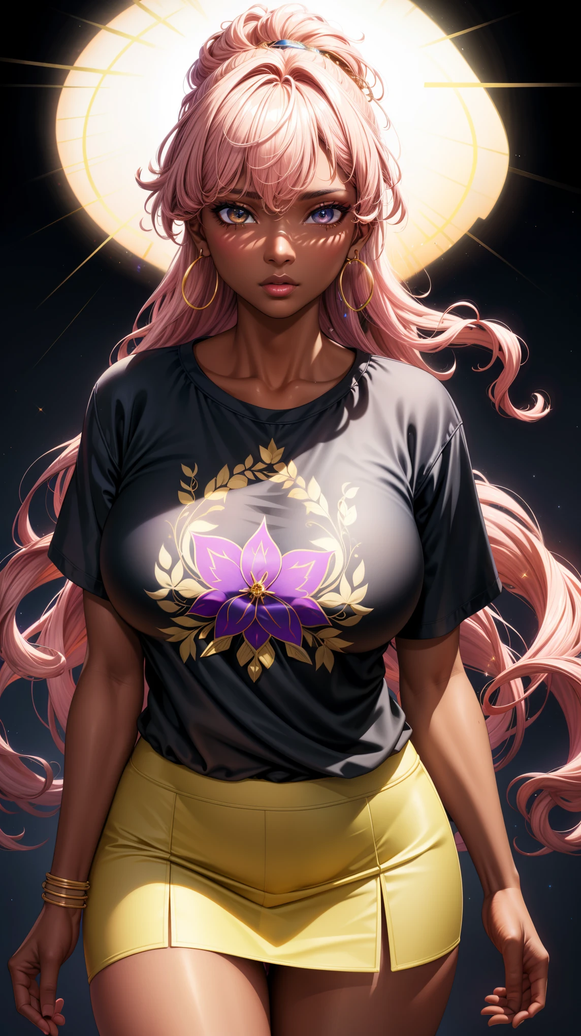 (best quality:1.5, highres, UHD, 4K, detailed lighting, shaders), curly floral haired, gradient hair, large breasts, suit, T-shirt, social shirt, short skirt, mature woman , (pov), white background, colorful eyeshadow, dramatic lighting, sparkling eyes, sensual expression, golden earrings, flowing hair, delicate facial features, dark skin, high cheekbones, urban setting, black background, dont look for the camera, lean forward,  behind  the camera