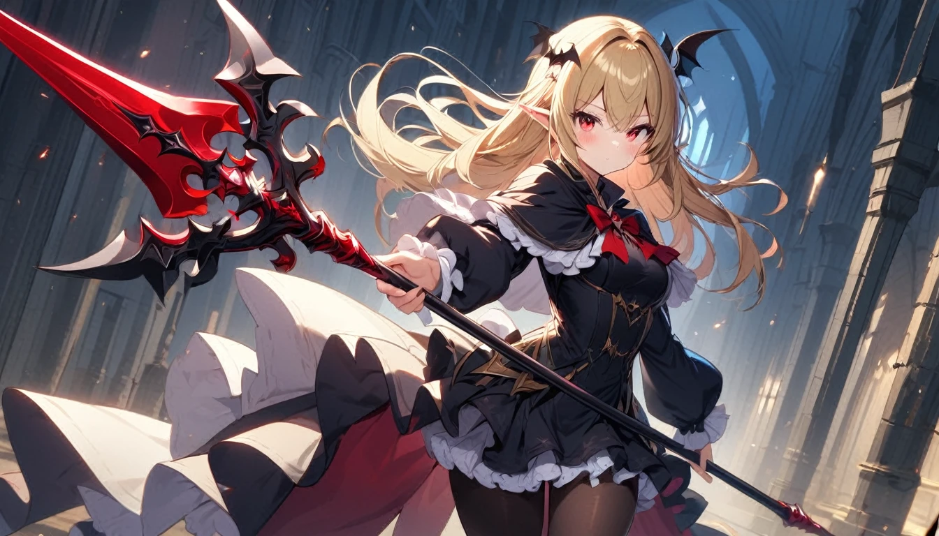 1girl, solo, blonde-hair, red-eyes, pointy-ears, looking-at-viewer, long-hair, pantyhose, vampire, holding, dress, black-pantyhose, hair-ornament, holding-weapon, weapon, black-dress, cape, bat-hair-ornament, standing, Spear, long-sleeves, blush, thick thighs, frills, holding-Spear, black-cape, closed-mouth, short-dress, floating-hair,