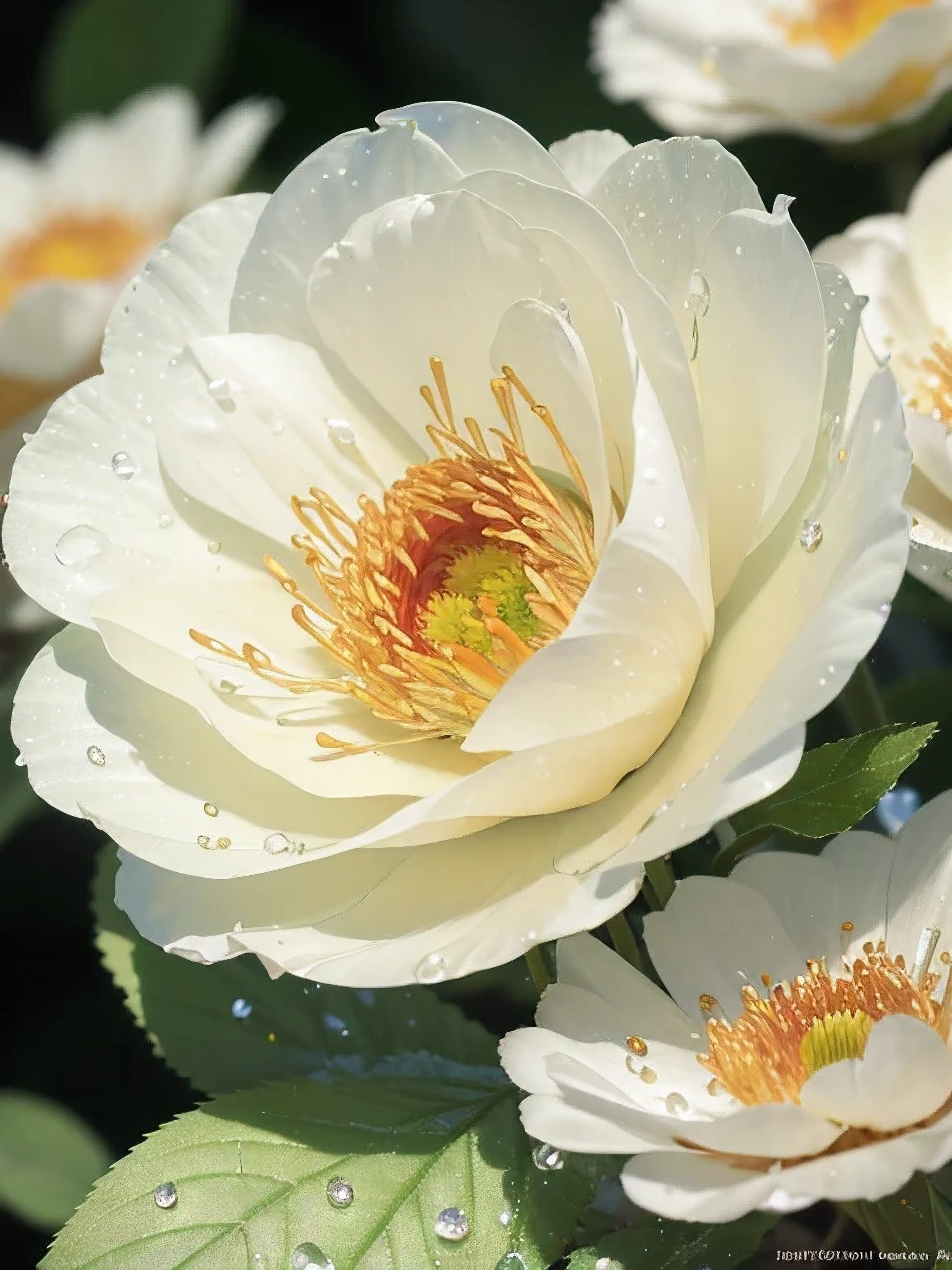 8k, masterpiece, RAW photo, best quality, photorealistic, extremely detailed CG unity 8k wallpaper, Depth of field, Cinematic Light, Lens Flare, Ray tracing, beautiful flower, intricate detail, blossoming, (extremely beautiful petals:1.3), ultra detailed texture, (realistic shadows), exquisite colors, (high resolution:1.4), detailed stems and leaves, dramatic backlit, (floating petals), (realistic water droplets), water reflecting, (artistic composition), (close-up shot), (macro photography), natural colors, (vibrant colors:1.3