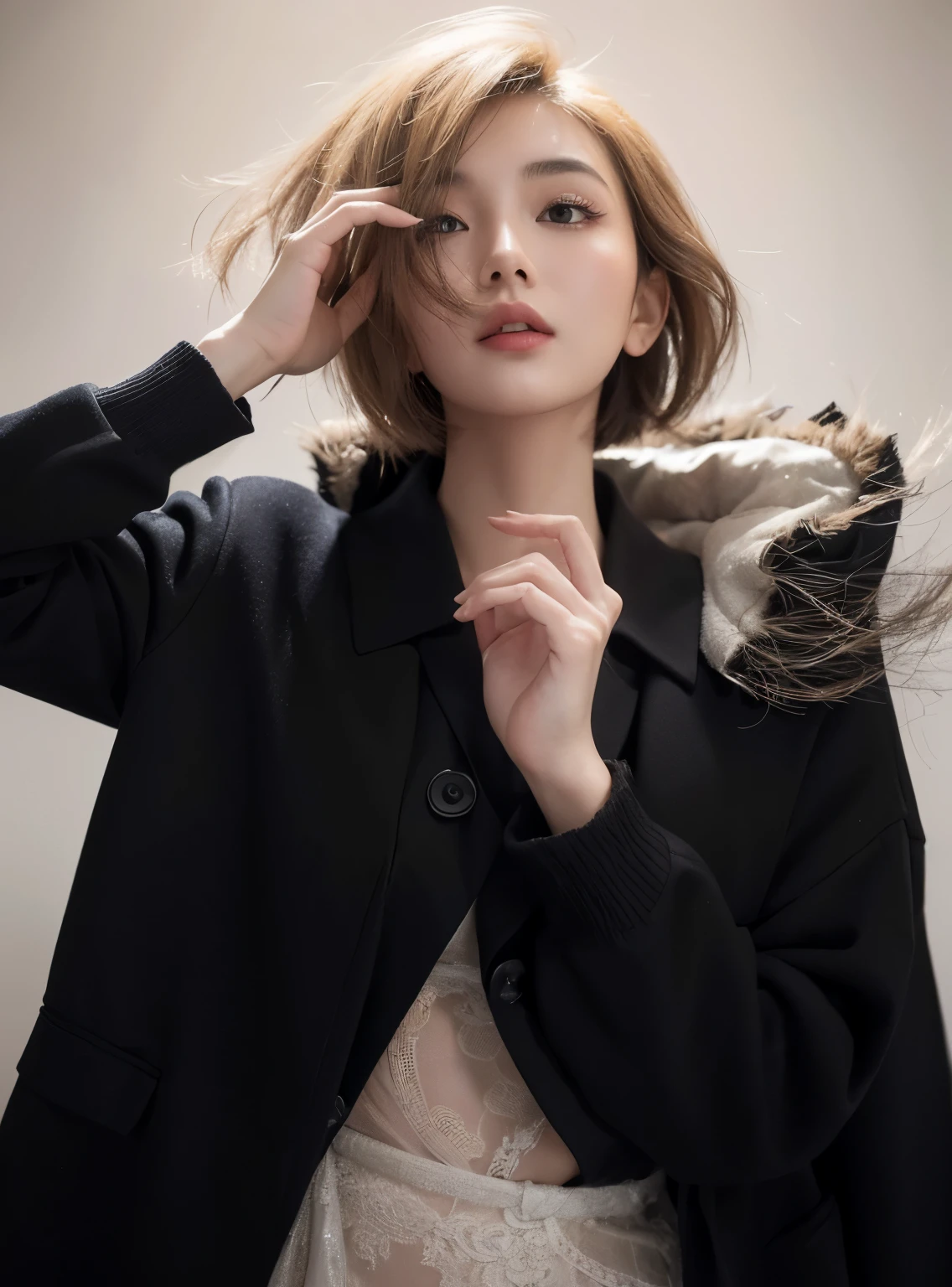 (Best quality, 8k, 32k, Masterpiece, UHD:1.2) "Generate a captivating artwork featuring a young Japanese girl model with short, sleek black hair styled in a chic bob haircut. Envision her bathed in dramatic cinematic lighting, creating an atmosphere of allure and mystery. Emphasize a romantic aesthetic vibe, showcasing the model in a poised and elegant pose that evokes a sense of intimacy and sophistication. Utilize warm and soft tones to enhance the romantic ambiance, and consider incorporating elements like flowing fabrics or flowers to add a touch of ethereal beauty. Capture the essence of romance and beauty through the model's expression, the play of light and shadows, and the overall aesthetic, creating a visually compelling and emotionally resonant piece." (perfect eyes), flawless skin, flawless face, cinematic, tight body, ((well-proportion female hands)), ((female hands with five digits)) ((Body is well proportioned)), ((chic bob haircut)), soft focus ((Short Black Hair)),