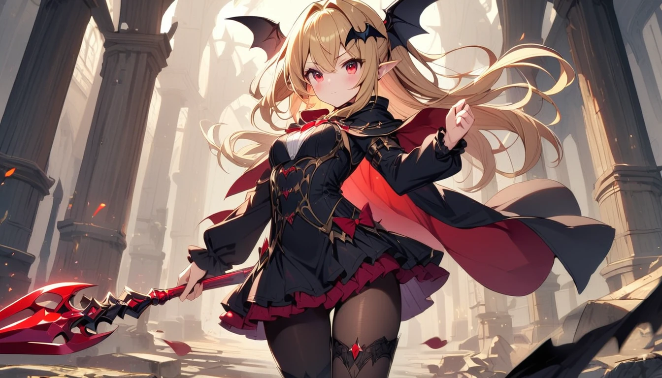 1girl, solo, blonde-hair, red-eyes, pointy-ears, looking-at-viewer, long-hair, pantyhose, vampire, holding, dress, black-pantyhose, hair-ornament, holding-weapon, weapon, black-dress, cape, bat-hair-ornament, standing, Spear, long-sleeves, blush, thick thighs, frills, holding-Spear, black-cape, closed-mouth, short-dress, floating-hair,
