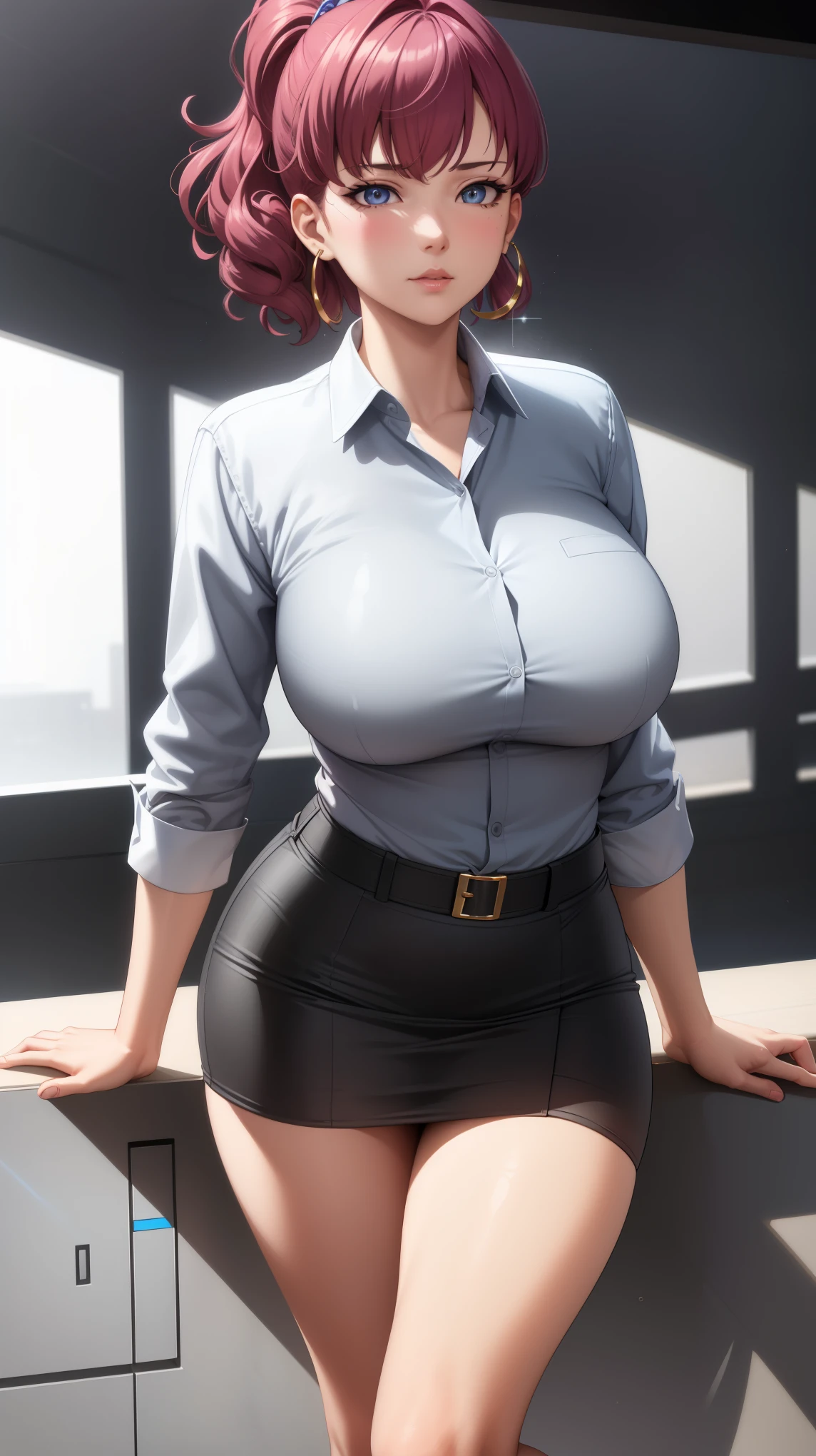 (best quality:1.5, highres, UHD, 4K, detailed lighting, shaders), (high quality eyes), ( perfect fingers),  curly floral haired, gradient hair, large breasts, suit, gray shirt, social shirt, short skirt, mature woman , (pov), white background, colorful eyeshadow, dramatic lighting, sparkling eyes, sensual expression, golden earrings, delicate facial features, soft skin, high cheekbones, urban setting, white background, dont look for the camera, lean forward,  behind  the camera, full body