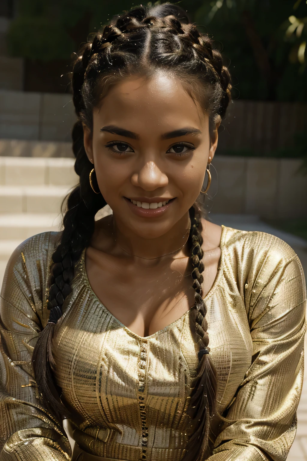 
8k,highest quality,masterpiece,high resolution,super beautiful,detailed face,full body view, ultra details, African-American, 23 year old,well covered,smiling face,excited face,energetic face,beautiful eyes,hairstyle is brown braids flowing from one side of the neck.Close up of the face looking directly at the camera.
