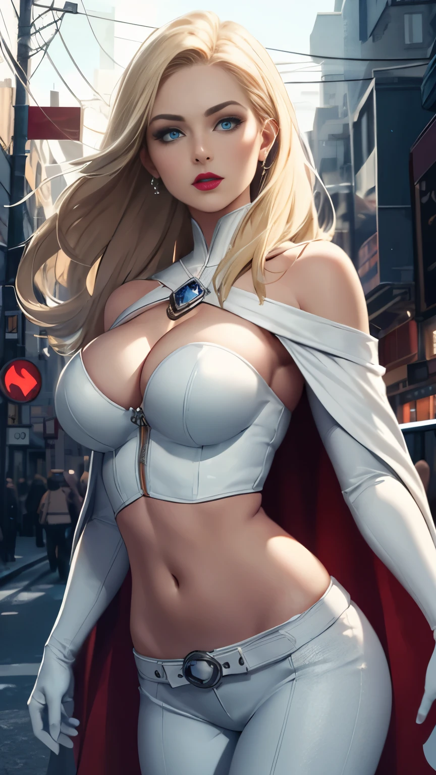 (Highly quality, masterpiece, detailed), night city detailed scenario, night city detailed background, solo, Emma Frost, 1 woman, blonde hair, light blue eyeshadow, light blue lips, white leather bodice, midriff, cape, bare shoulders, cleavage, thigh highs, gloves, belt, white leather pants, beautiful eyes, look at the viewer, Sexy pose