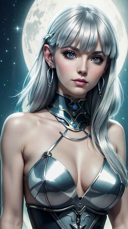 (Best quality, ultra realistic) 8k, retro futuristic look, dream aesthetic, dream atmosphere, 1 tall girl, beautiful cute girl, gothic makeup, light cyan_eyes, flushed cheeks, ((long hair color [Silver blonde hair], [pixie cut with bangs] hair)), earrings, lips, short sleeve, realistic, proportional waist, charming, colorful makeup, long eyelashes, very white skin, pale skin, clear skin, delicate body, natural breasts, proportional waist, hot hips, hot legs, natural tall body (cute), (cute face), Detailed eyes, Detailed iris. 