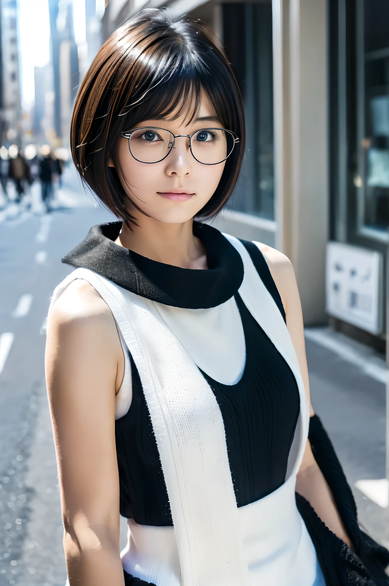 (best quality,high resolution,masterpiece),1 girl,(alone,alone focus,actual),(Arakawa Snow,short hair,black hair,Glasses,collar,shiny skin,sleeveless turtleneck sweater),city street