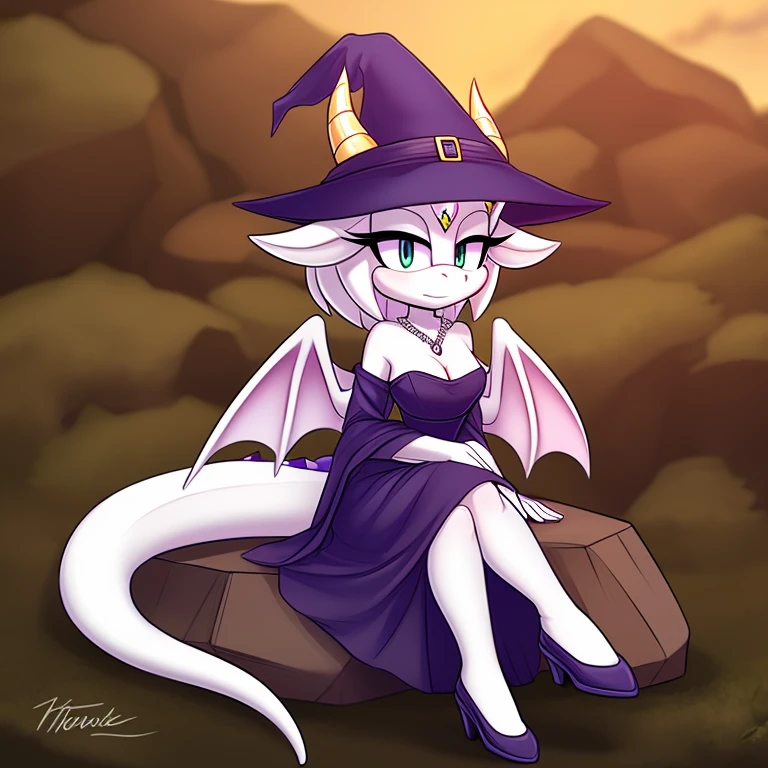 Mobian (dragon), 1girl, white crystal body, white scales, white crystal dragon horns, white dragon wings, white dragon tail, small breasts, (white diamond dress), cleavage, white diamond witch hat, diamond (gemstone) necklace, diamond (gemstone), sitting on giant diamond (gemstone)